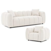 SITZGARNITUR 3+1 Nubira in tief gesteppter Bubble-Optik aus weichem Creme Strukturstoff im modernen Design - Creme/Schwarz, Holz/Kunststoff (228/69/89cm) - S-Style Möbel