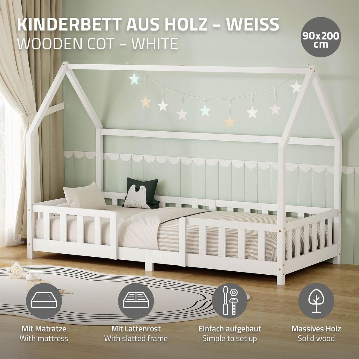 KINDERBETT 90x200 cm mit Matratze & Rausfallschutz Weiß aus Kiefernholz - Weiß, Holz (90/200cm) - ML-DESIGN