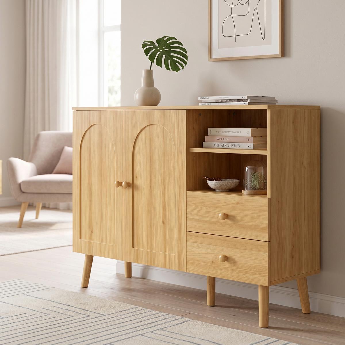 SIDEBOARD 118cm mit gewölbten Türen, 2 Schubladen, für Wohnzimmer - Naturfarben, Holzwerkstoff (118/82/35cm) - Urban Meuble
