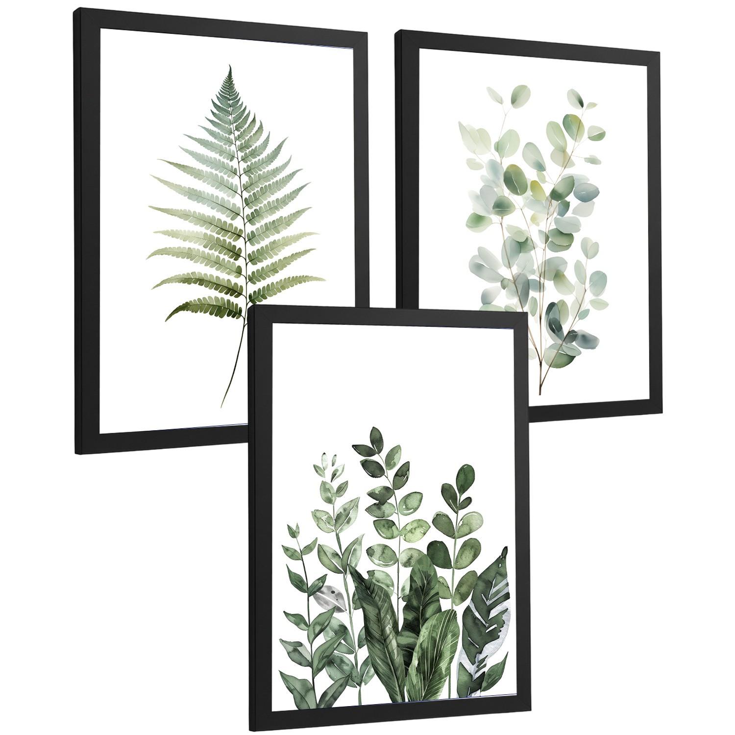 POSTER 3er Bilder-Set Wandbilder Botanisch Grün modern Wohnzimmer Deko, Schlafzimmer, Küche, Badezimmer Schwarzer Rahmen A4 - Schwarz, Papier (29.7/1/21cm) - Nacnic