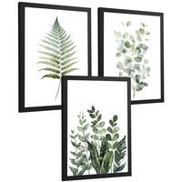 POSTER 3er Bilder-Set Wandbilder Botanisch Grün modern Wohnzimmer Deko, Schlafzimmer, Küche, Badezimmer Schwarzer Rahmen A4 - Schwarz, Papier (29.7/1/21cm) - Nacnic