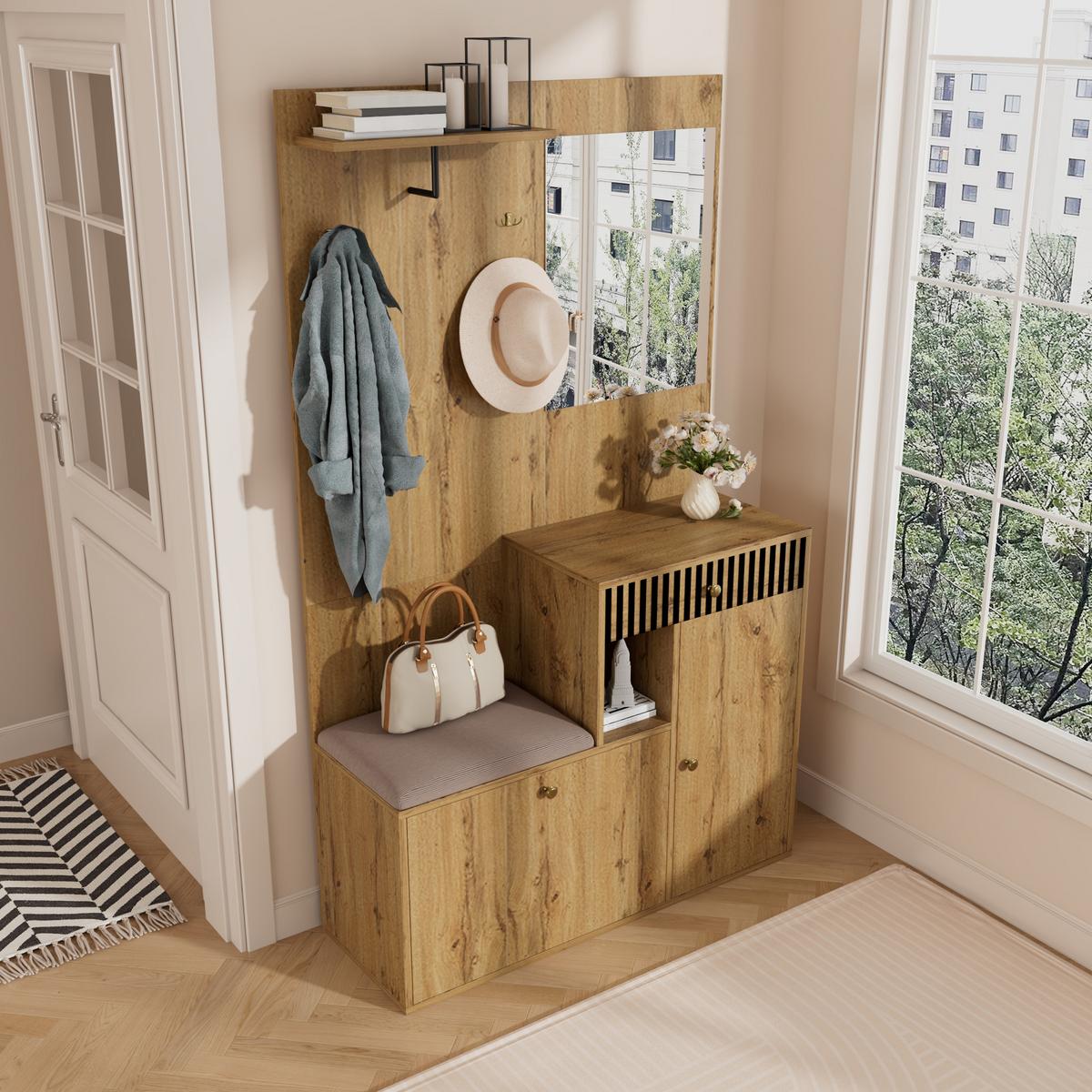 GARDEROBE FÜR FLUR - kombischrank mit Spiegel, Sitzbank und Stauraum - Sonoma Eiche, Glas/Holzwerkstoff (110/186/37cm) - Urban Meuble