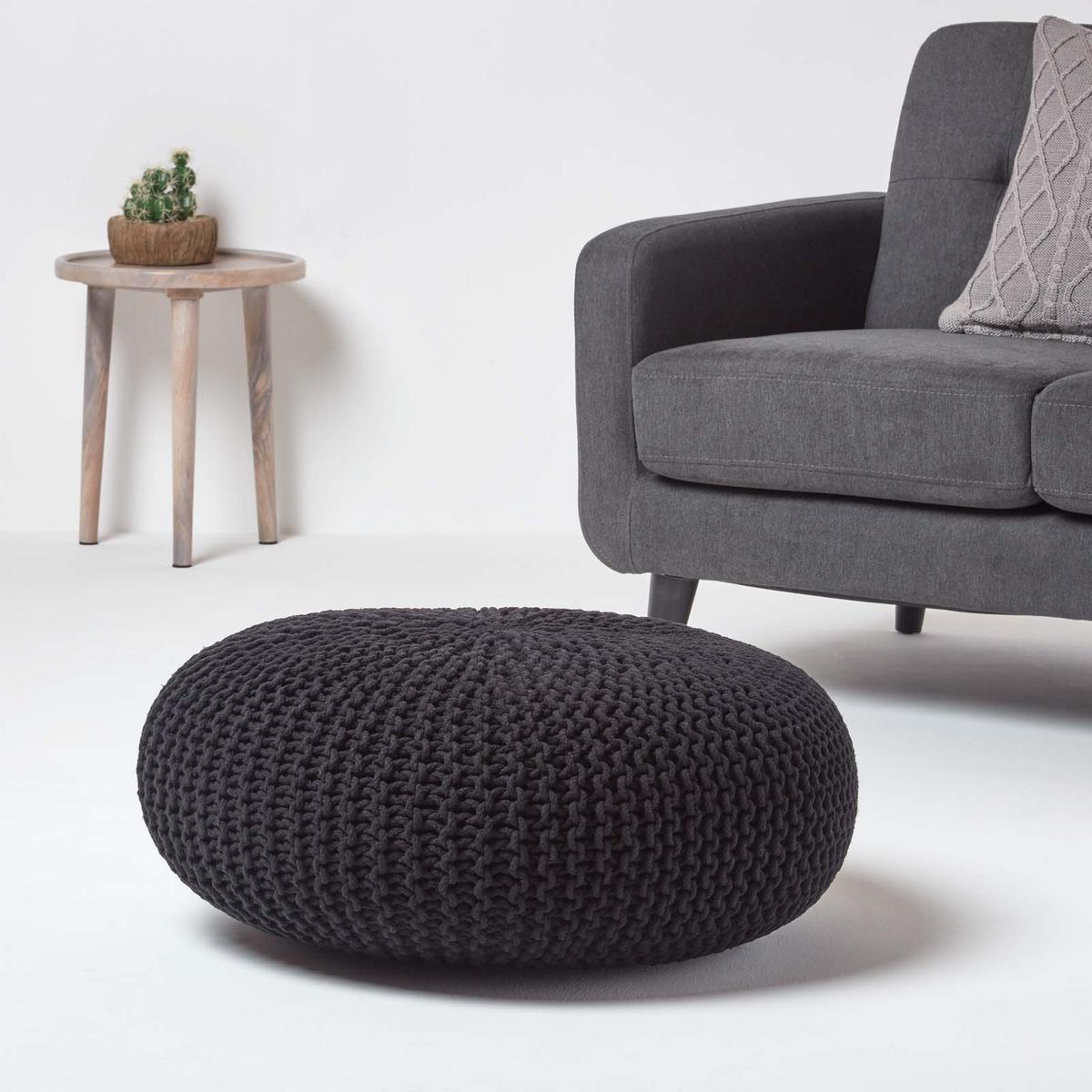 STRICK-POUF schwarz, Bodenkissen rund 70/70/23 cm - Schwarz, Textil (70/23/70cm) - Homescapes