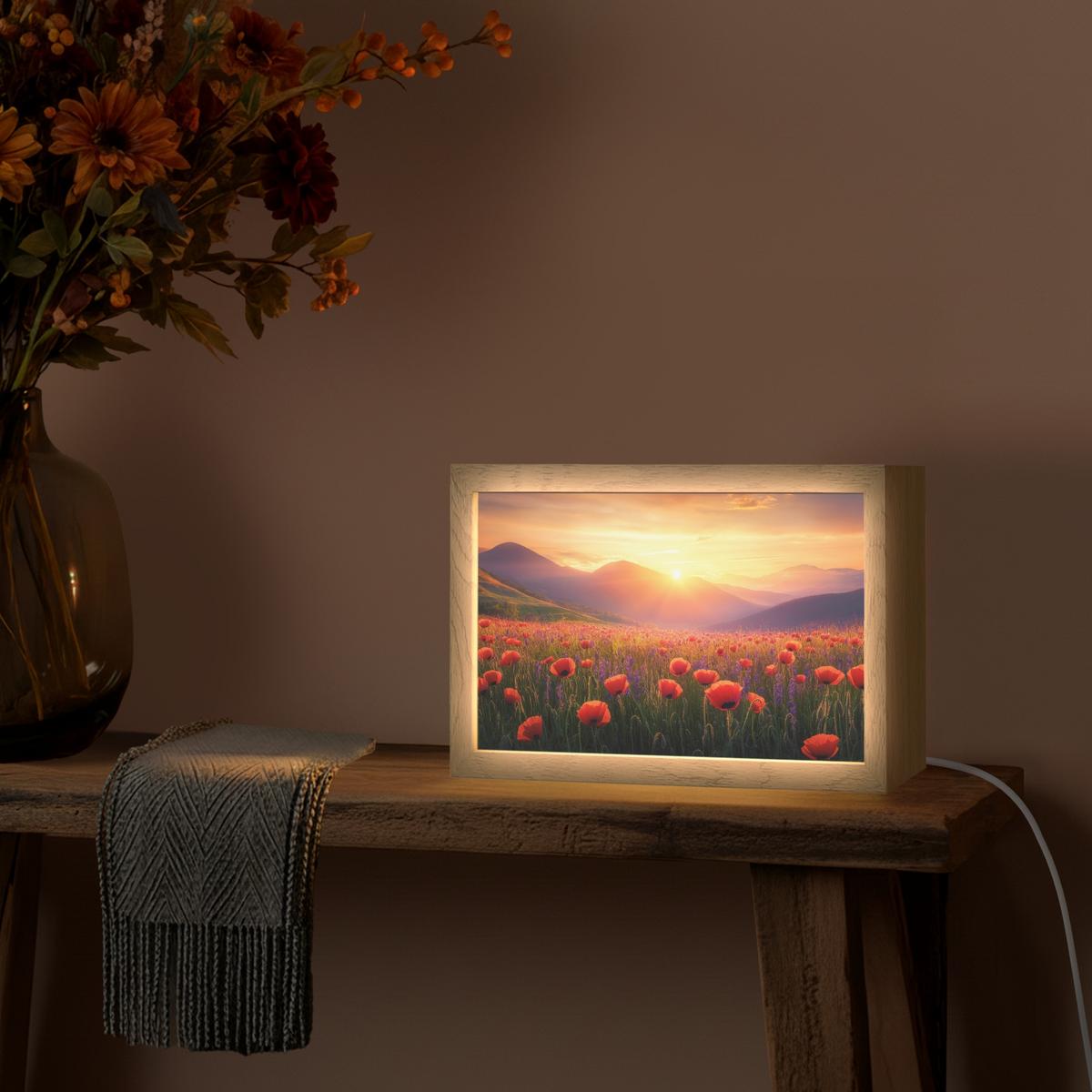 TISCHLEUCHTE Landschaft - Sonnenuntergang - Blumenfeld 30x20 cm - Dunkelblau, Holzwerkstoff (8/30/20cm) - OnlyWow