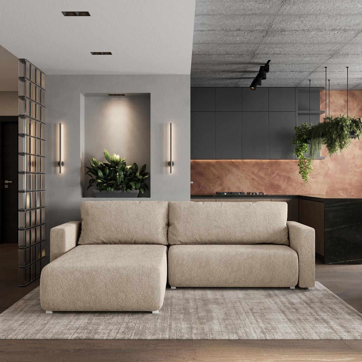 ECKSOFA TURIN N Beige Bucle-Stoff mit Schlaffunktion - Beige/Grau, Holz/Kunststoff (265/183cm) - MASSENO