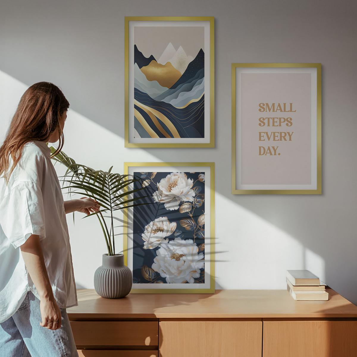BILDER SET 3er Set - 40x60 cm Goldrahmen - Abstrakte Berge und Blumen Inspiration - Goldfarben, Kunststoff (40/60cm) - TULUP