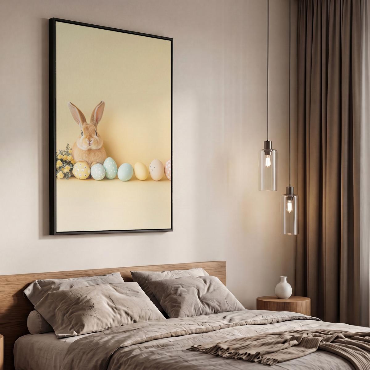 LEINWAND Bilder mit Rahmen - Eier - Kaninchen - Pastellfarbtöne - 60x90 - Hellgelb, Textil (60/90cm) - MuchoWow