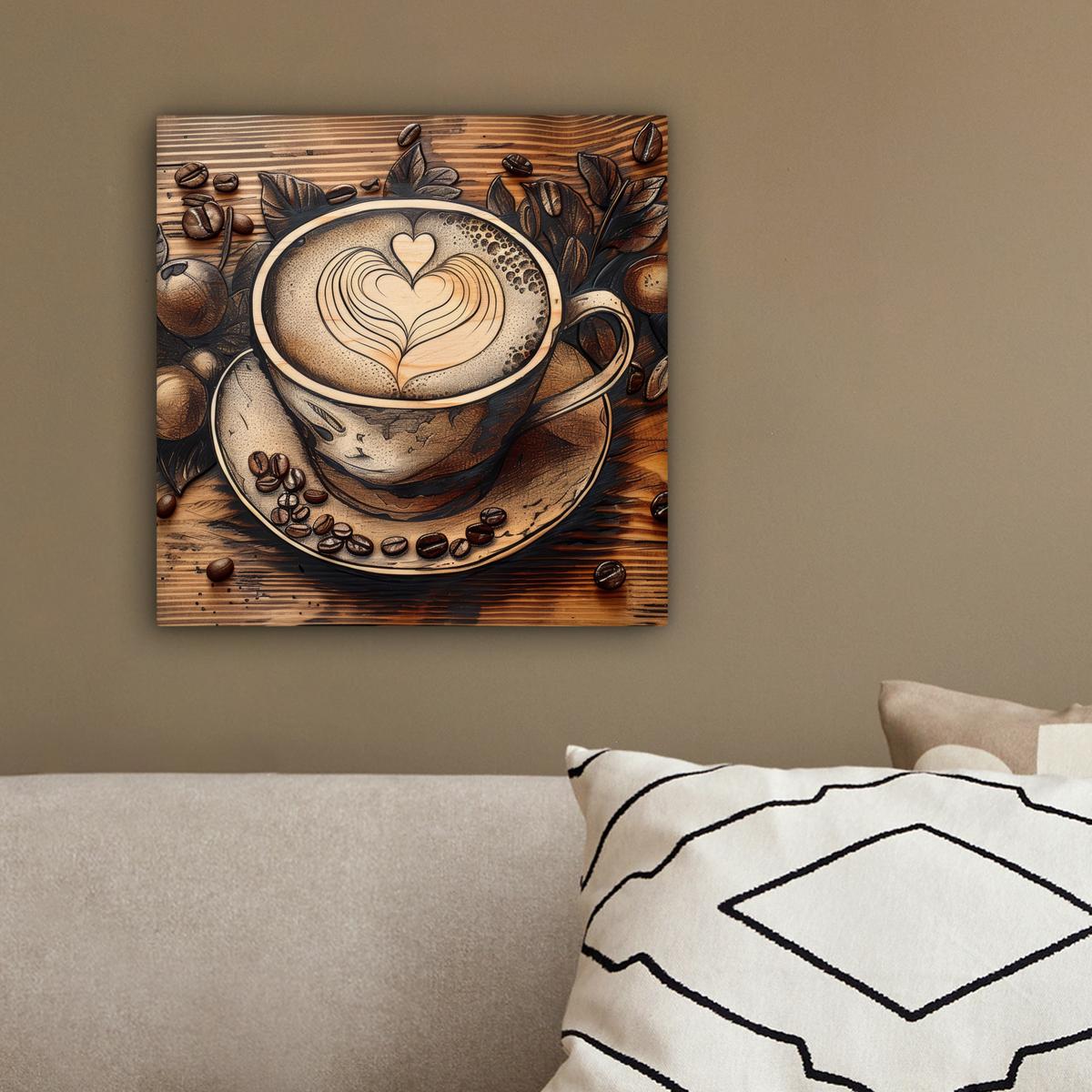 LEINWANDBILD Kaffee - Vintage - Braun - Tasse - Holz Deko Wohnzimmer 20x20 cm - Braun, Textil (20/20cm) - MuchoWow