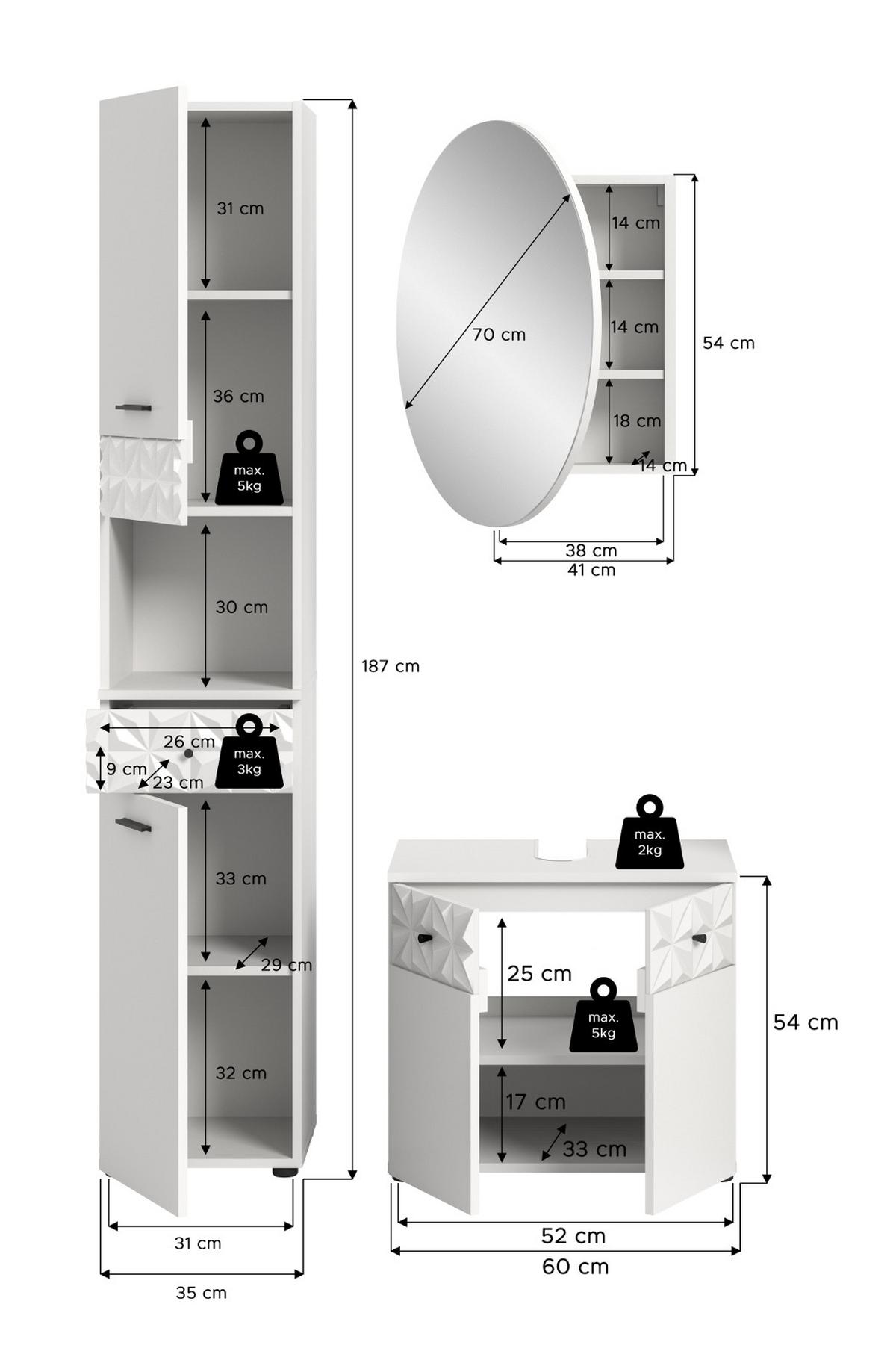BADMÖBEL-SET weiß Hochglanz 3-teilig 120 cm, Komplettset mit 3D-Struktur - Weiß Hochglanz, Glas/Holzwerkstoff (195/187/37cm) - Inn.Furn