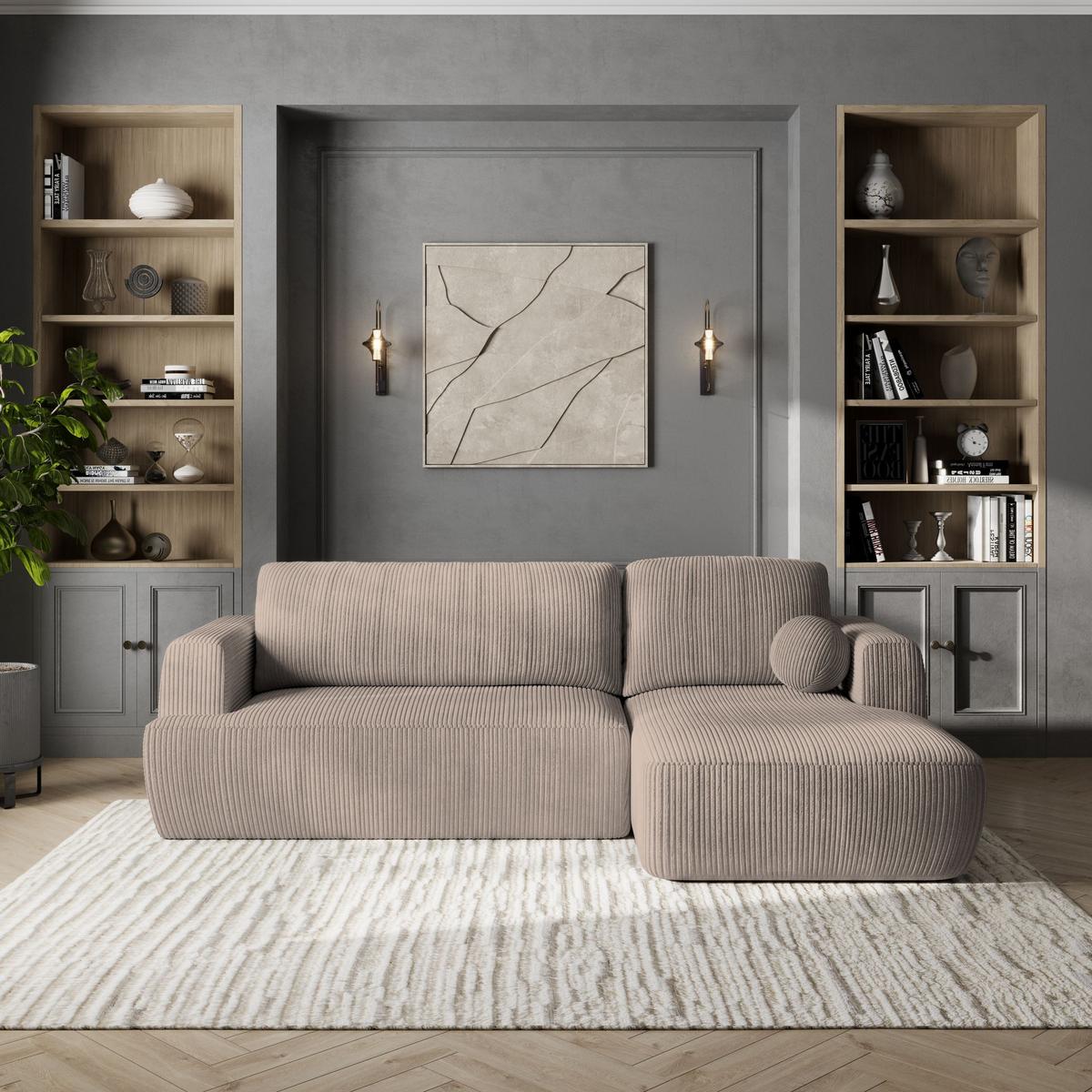 ECKSOFA SENTI P R-S Beige Kordstoff mit Schlaffunktion - Beige/Schwarz, Holz/Kunststoff (246/148cm) - MASSENO