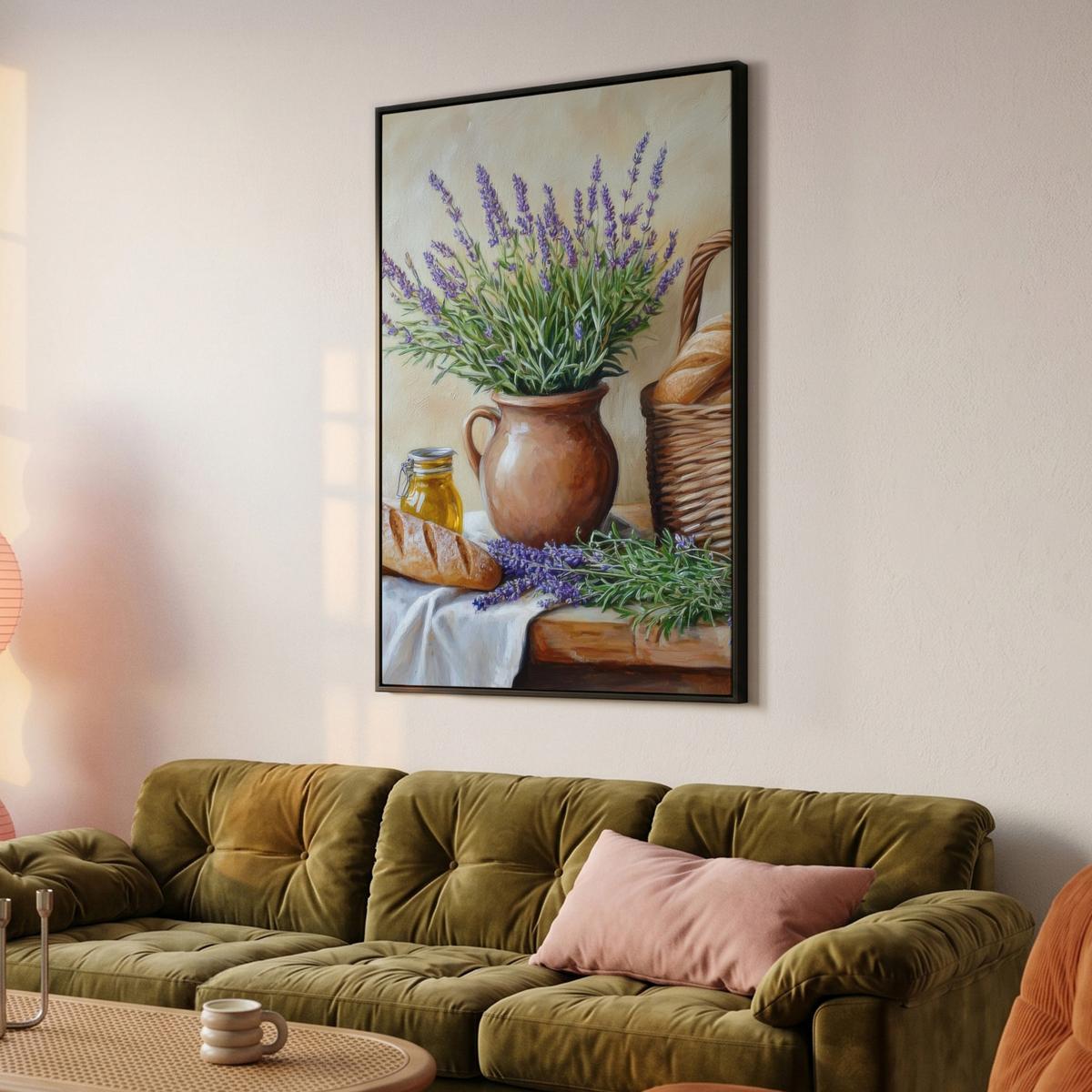 LEINWAND Bilder mit Rahmen - Lavendel - Brot - Stilleben - 80x120 - Flieder, Textil (80/120cm) - MuchoWow
