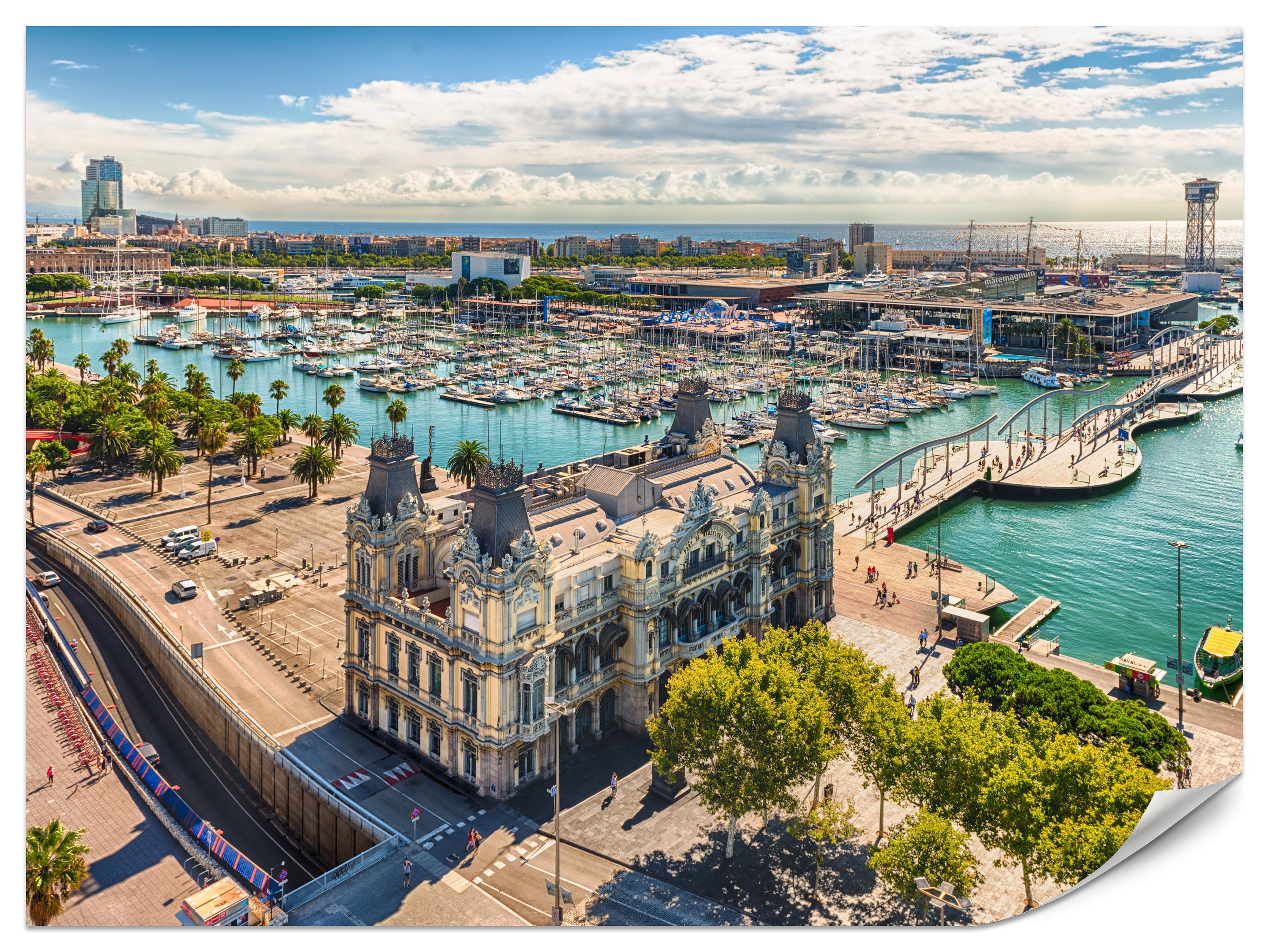 FOTOTAPETE für Wohnzimmer Barcelona Hafen Boote Denkmäler 100x70 - Türkis/Beige, Papier (100/70cm) - Muralo
