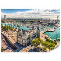FOTOTAPETE für Wohnzimmer Barcelona Hafen Boote Denkmäler 100x70 - Türkis/Beige, Papier (100/70cm) - Muralo