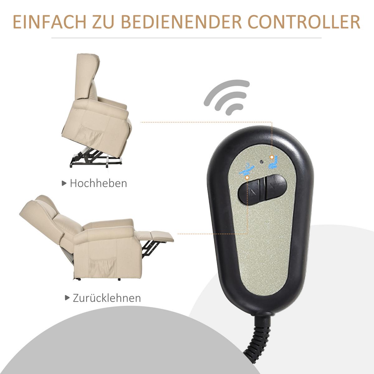 FERNSEHSESSEL mit Aufstehhilfe Leinen Cremeweiß - Creme/Schwarz, Holz/Textil (94/111/74cm) - HOMCOM