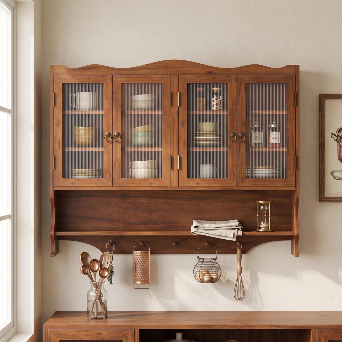 WANDSCHRANK Massivholz Braun 4 Glastüren 3 Ebenen & Hakenleiste 100cm - Braun, Holz/Holzwerkstoff (100/80/20cm) - Urban Meuble