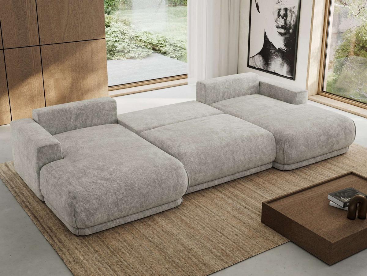 WOHNLANDSCHAFT RINA U Hellgrau Schenille grob gewebt - Hellgrau/Schwarz, Kunststoff/Textil (360/85/170cm) - MKS