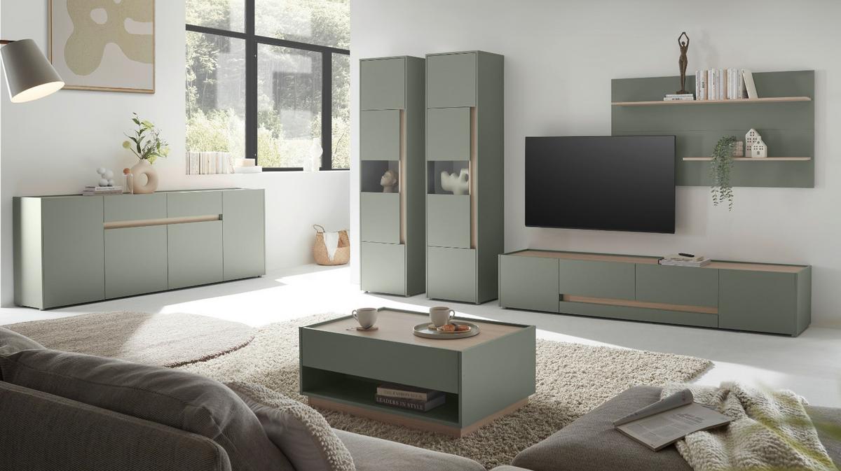 WOHNWAND Salbei grün, Eiche Barista Set 4-teilig, Wohnkombination mit XL-TV-Schrank 400 cm - Salbeigrün/Eichefarben, Glas/Holzwerkstoff (400/197/45cm) - Furn.Design