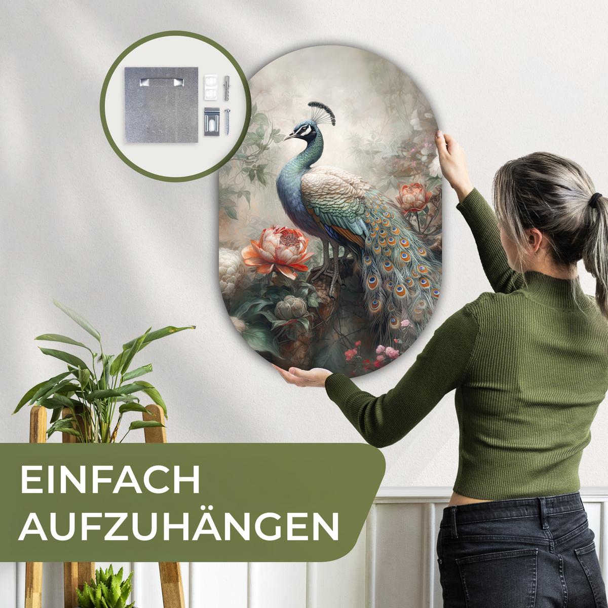 WANDBILD Pfau - Pfauenfedern - Vogel - Dschungel - Blumen Wanddeko Schlafzimmer 60x90 cm - Smaragdgrün, Kunststoff (60/90cm) - MuchoWow
