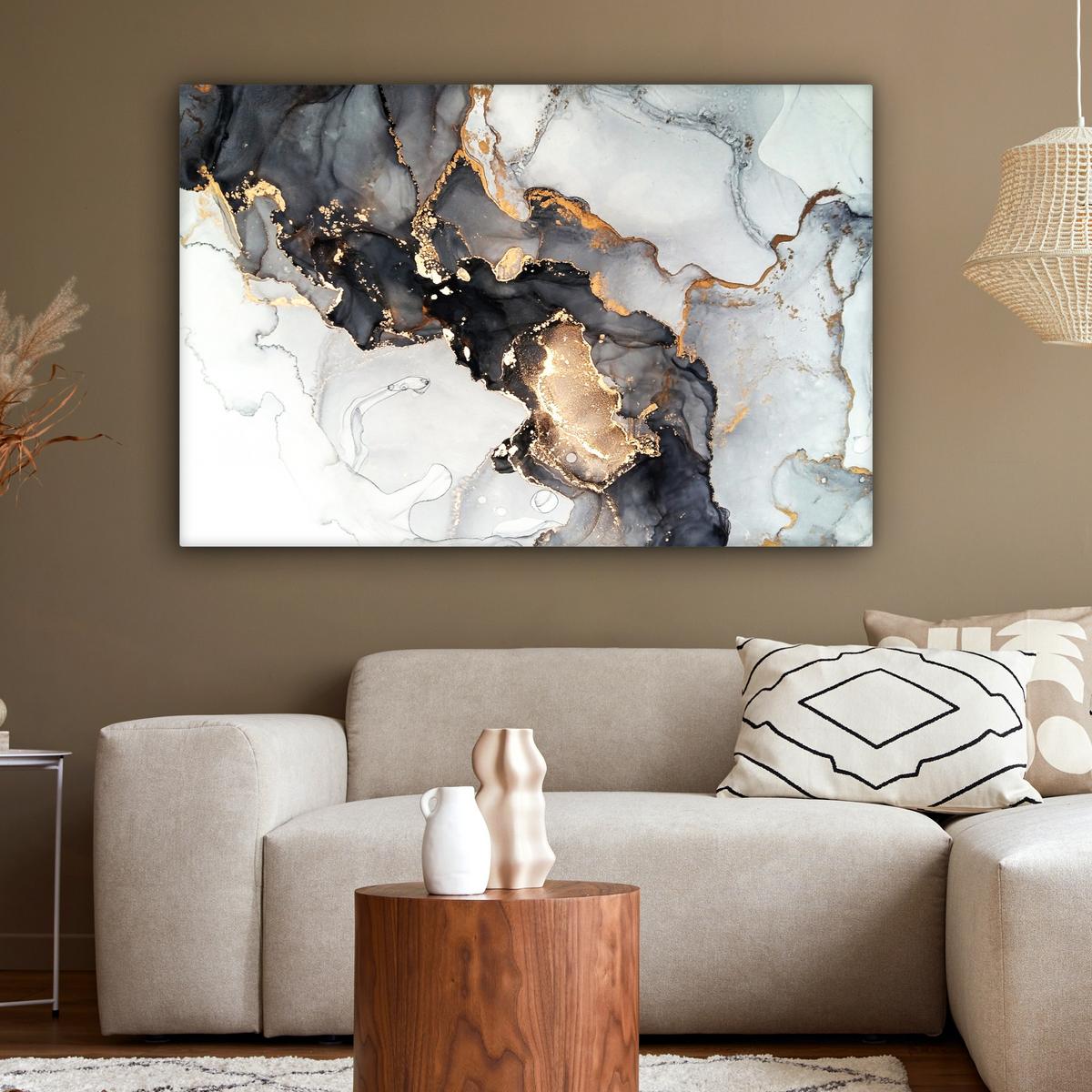 LEINWANDBILD Marmor - Schwarz - Weiß - Gold - Luxus - Abstrakt Groß 140x90 cm - Goldfarben, Textil (140/90cm) - MuchoWow