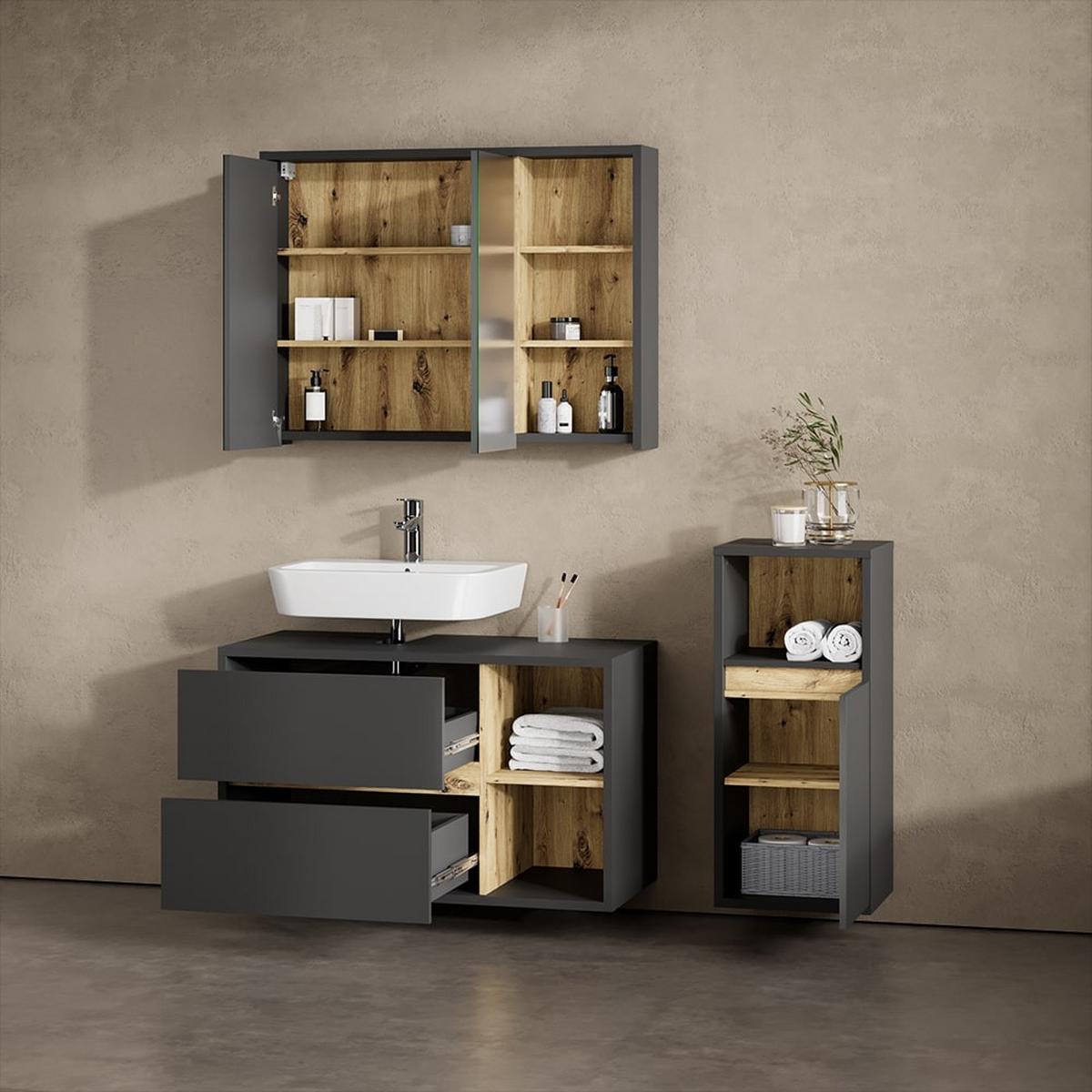 BADMÖBEL-SET Vomano Anthrazit 3 Teile, mit Midischrank - Anthrazit, Holzwerkstoff (100/75/45cm) - Livinity®