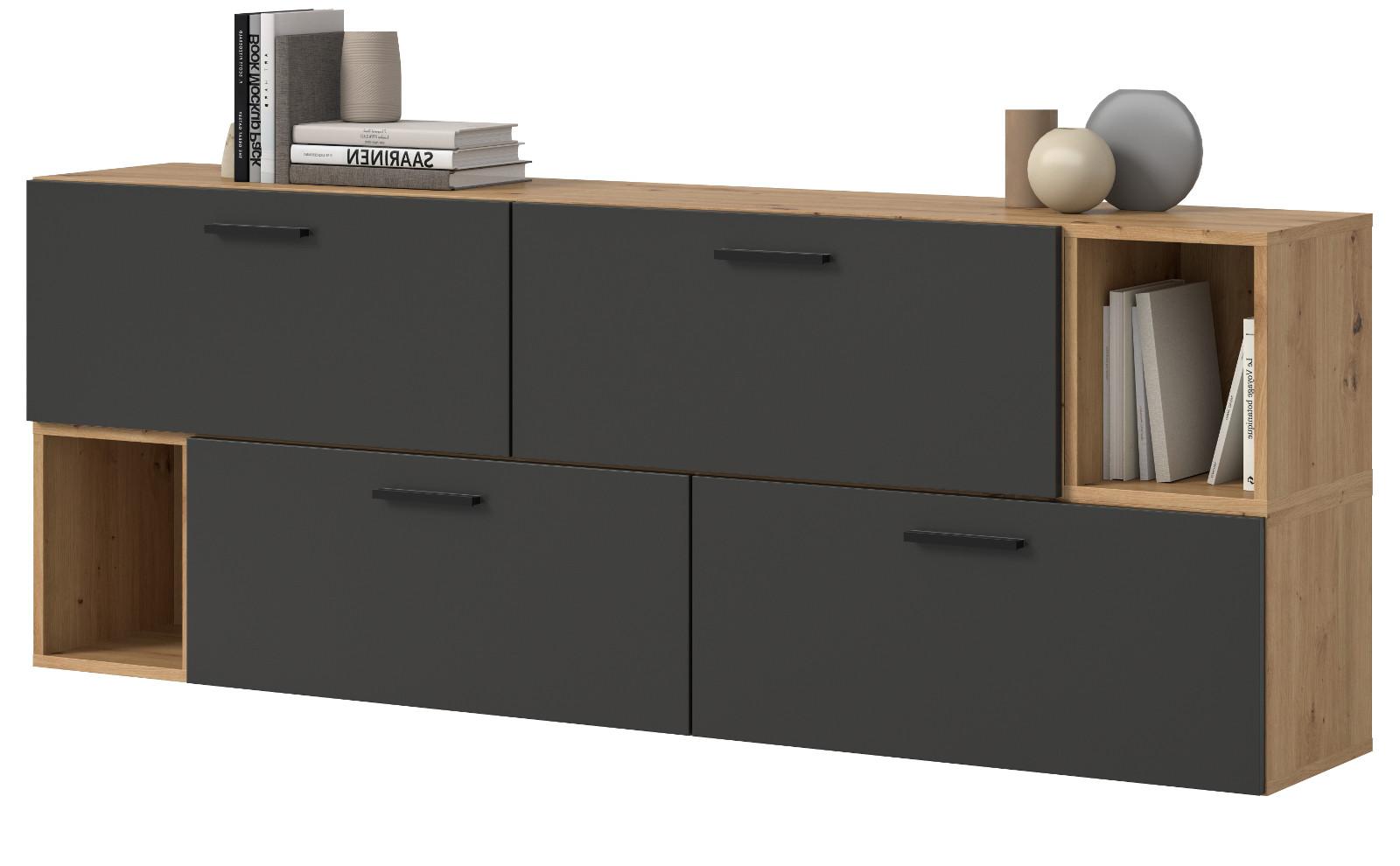 SIDEBOARD grau, Eiche Artisan 176 cm, Kommode hängend / stehend - Schwarz/Eiche Artisan, Holzwerkstoff/Kunststoff (176/65/34cm) - Inn.Furn
