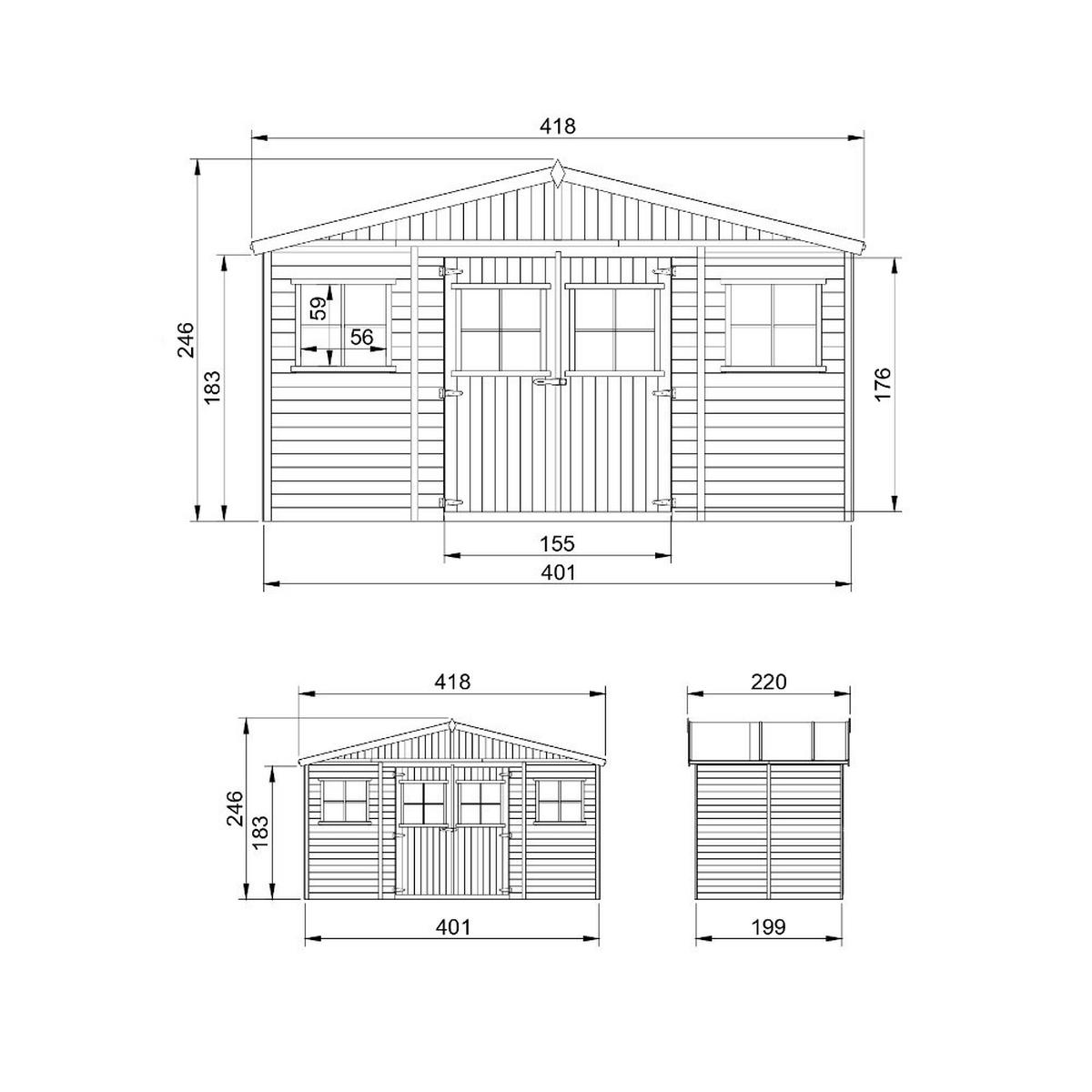HOLZ-GARTENHAUS - H246 x 418 x 220 cm/ 8 m² - M332 - Beige, Holz (418/246/199cm) - Timbela