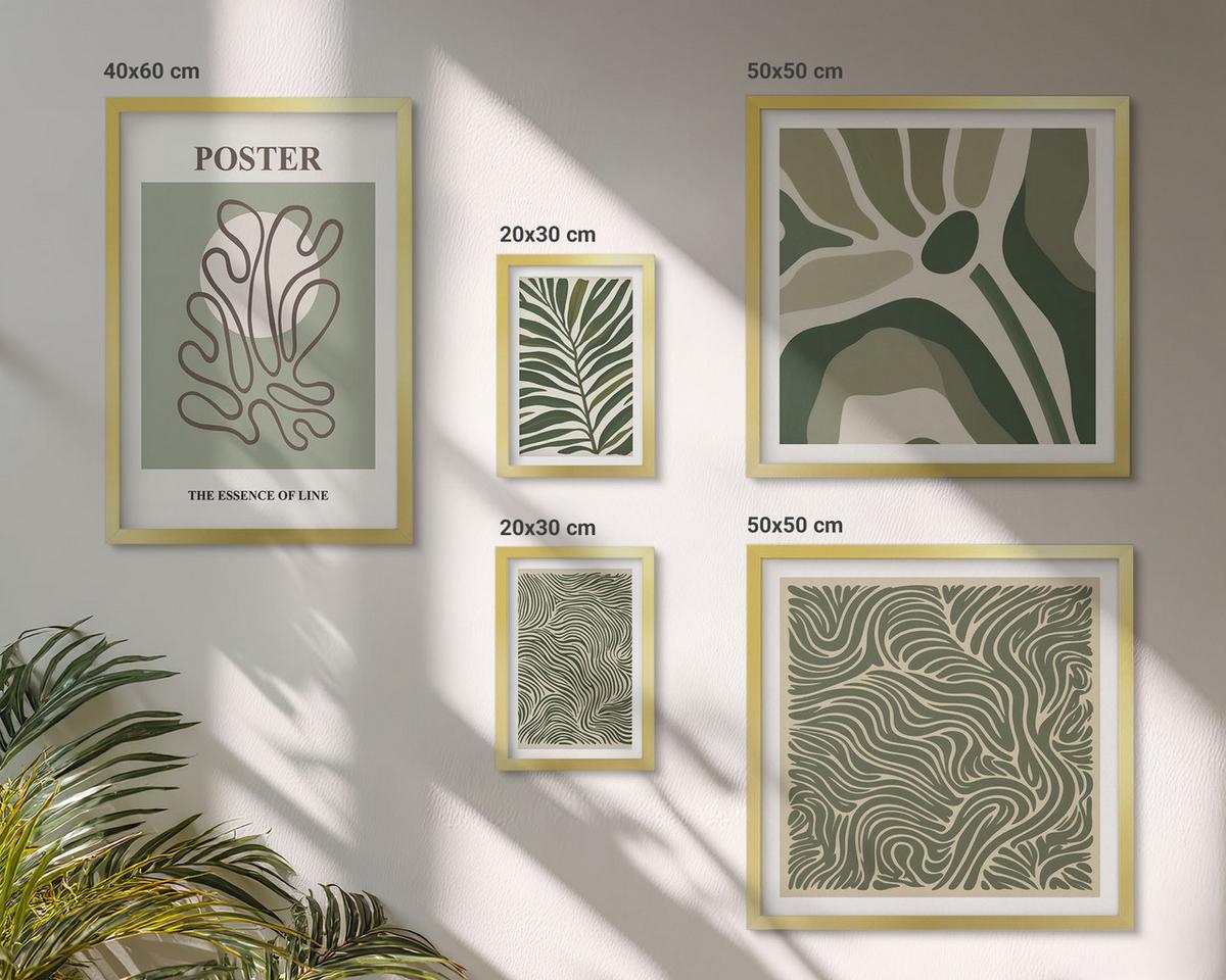 BILDER SET 5er Set - 50x50 cm & 20x30 cm & 40x60 cm Goldrahmen - Blattmuster und wellenförmige Formen - Goldfarben, Kunststoff (40/60cm) - TULUP