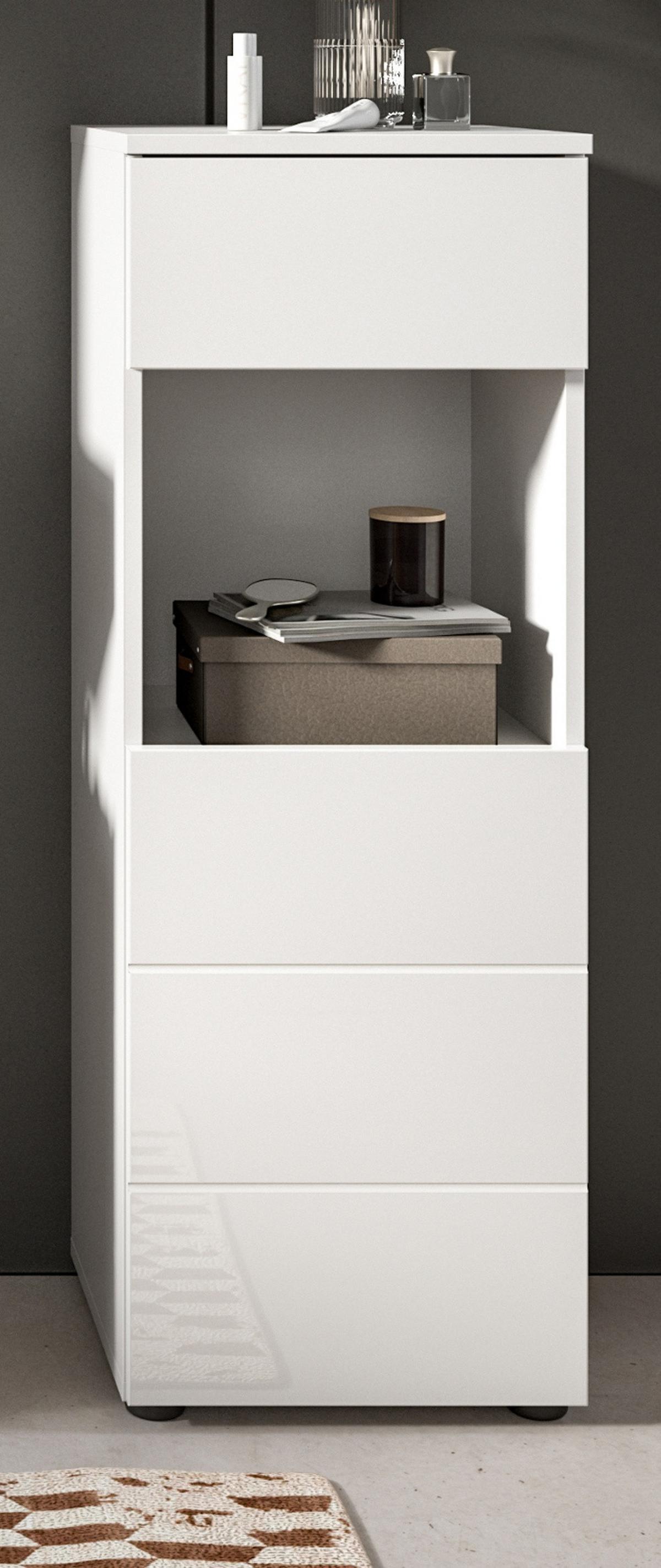 BADSCHRANK weiß Hochglanz 38 x 106 cm, Badezimmer Kommode mit Schubkasten - Weiß Hochglanz/Schwarz, Holzwerkstoff/Kunststoff (38/106/34cm) - Inn.Furn
