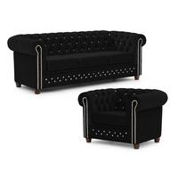 SITZGARNITUR 3+1 Chesterfield Cleo Blink Schwarz Samt mit Kristallsteppung und braunen Massivholzfüßen - Schwarz/Braun, Holz/Textil (203/72/86cm) - S-Style Möbel