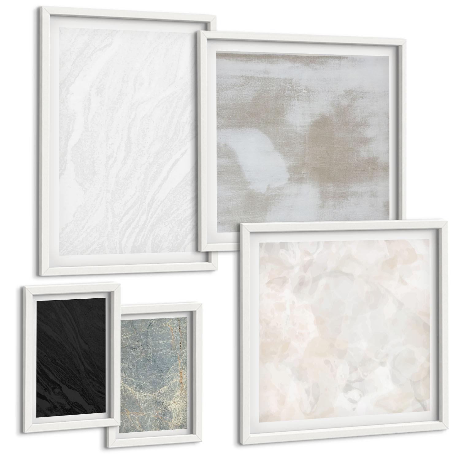 BILDER SET 5er Set - 50x50 cm & 20x30 cm & 40x60 cm Weißer Rahmen - Steintexturen - Weiß, Kunststoff (40/60cm) - TULUP
