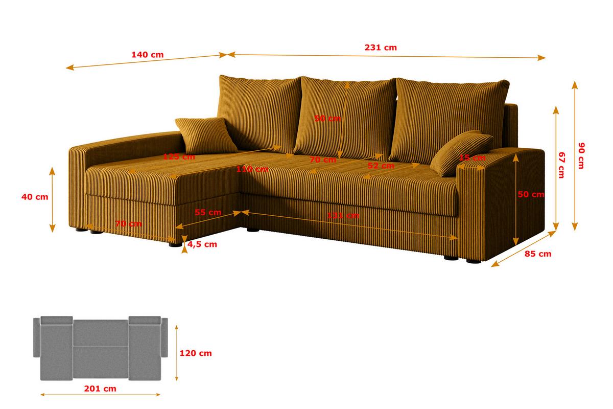 ECKSOFA mit Schlaffunktion und Bettkasten ALESIA-L 231x140x90 cm Senfgelb Cord - Gelb/Silberfarben, Holzwerkstoff/Kunststoff (231/140cm) - ALTDECOR