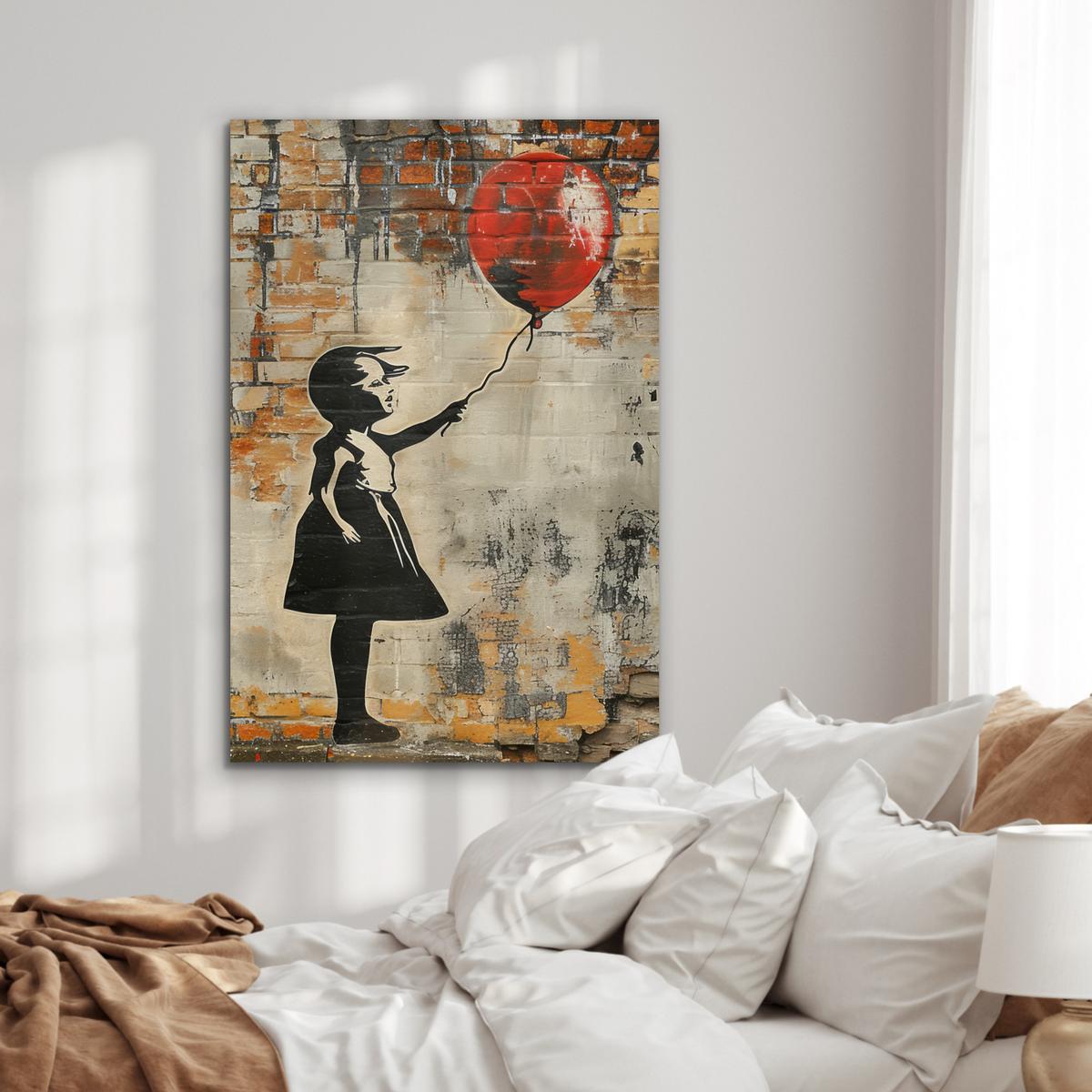 METALLBILD Graffiti - Banksy - Mädchen - Straßenkunst 80x120 cm - Sandfarben, Metall (80/120cm) - MuchoWow