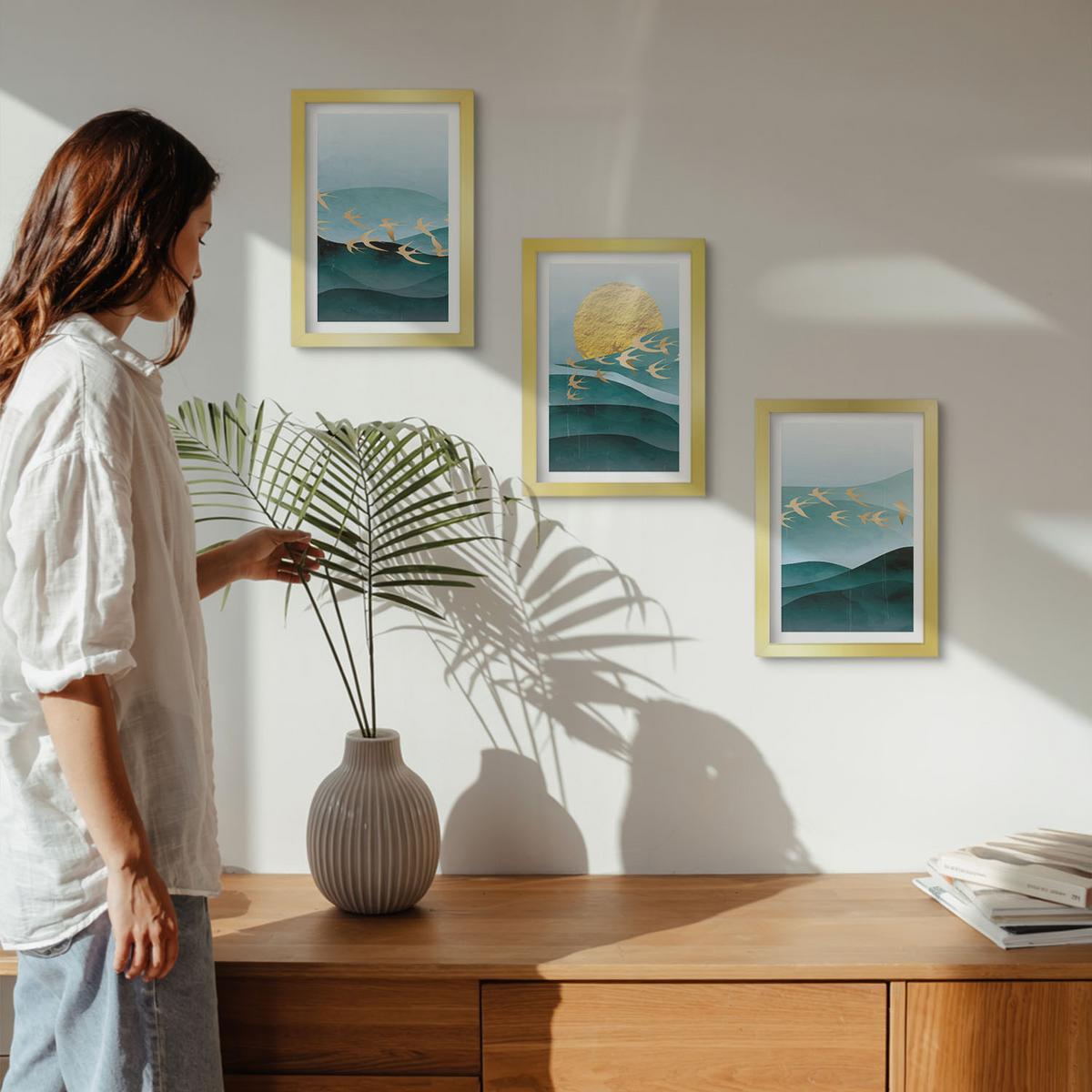 BILDER SET 3er Set - 20x30 cm Goldrahmen - Abstrakte Sonnenuntergangslandschaften - Goldfarben, Kunststoff (20/30cm) - TULUP