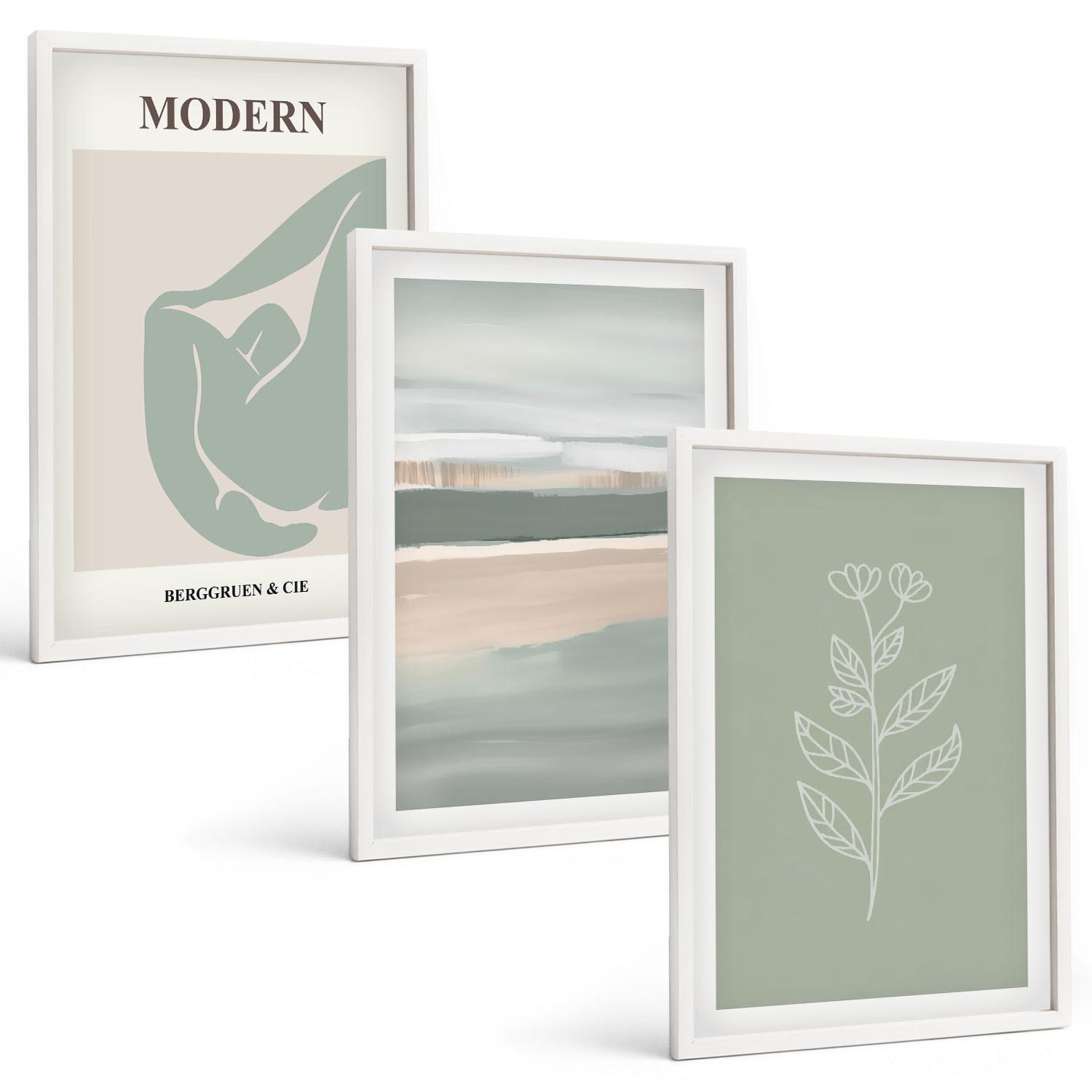 BILDER SET 3er Set - 40x60 cm Weißer Rahmen - Abstrakte pastellfarbene Pflanzenformen - Weiß, Kunststoff (40/60cm) - TULUP