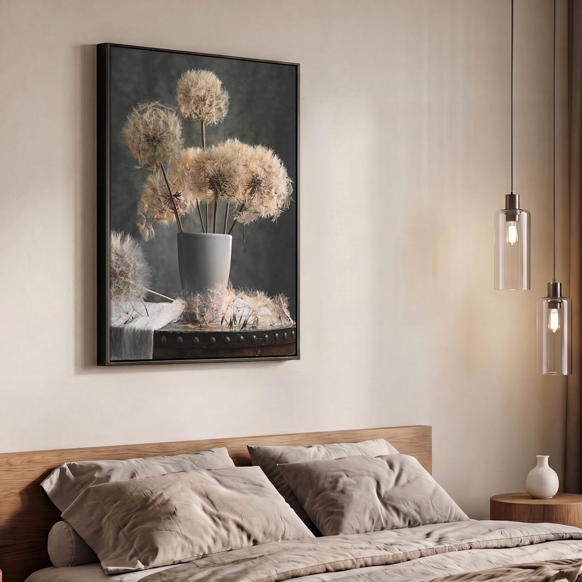LEINWAND Bilder mit Rahmen - Blumensamen - Löwenzahn - Vase - Stilleben - Blumenstrauß - 70x100 - Dunkelgrau, Textil (70/100cm) - MuchoWow