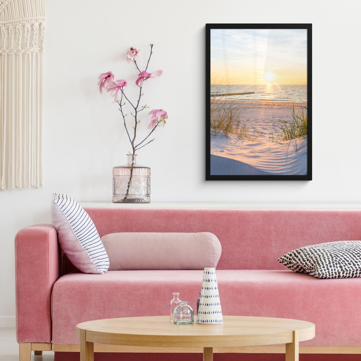 POSTER MIT RAHMEN Strand - Sonne - Düne - Gras - Sand - Horizont Bilder mit Rahmen 40x60 cm - Hellblau, Papier (40/60cm) - MuchoWow