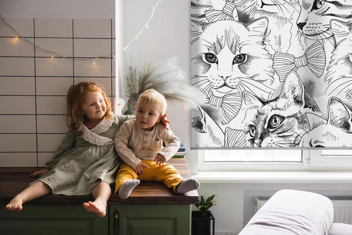 INNENROLLO - Fensterrollo - Rollo - 130x140 cm - Gezeichnete Katzen - Grau, Kunststoff (130/140/0.5cm) - TULUP