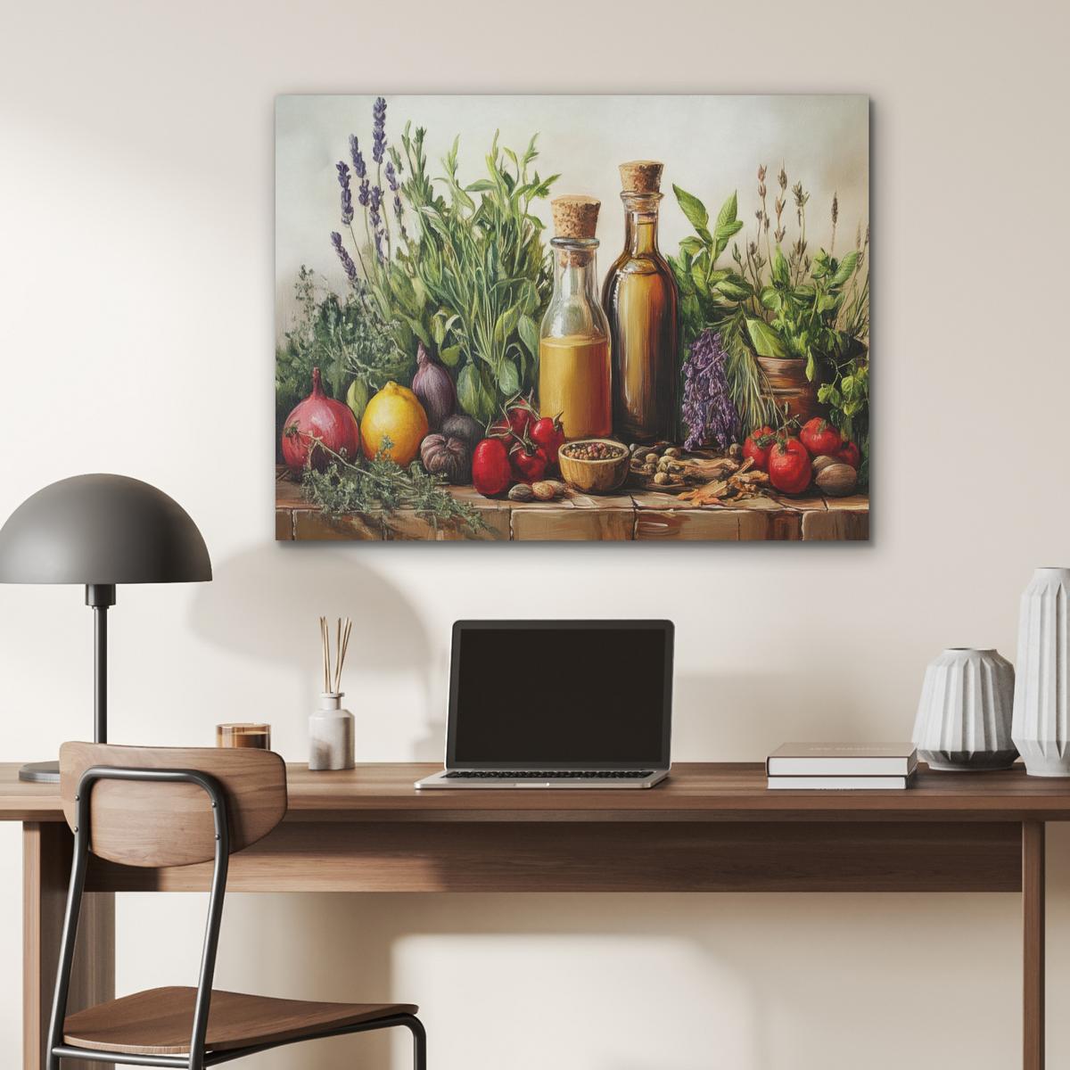 AKUSTIKBILD Stilleben - Kräuter - Gewürze - Früchte - Farbenfroh Gemälde 80x60 cm - Grün, Kunststoff (80/60/0.9cm) - MuchoWow