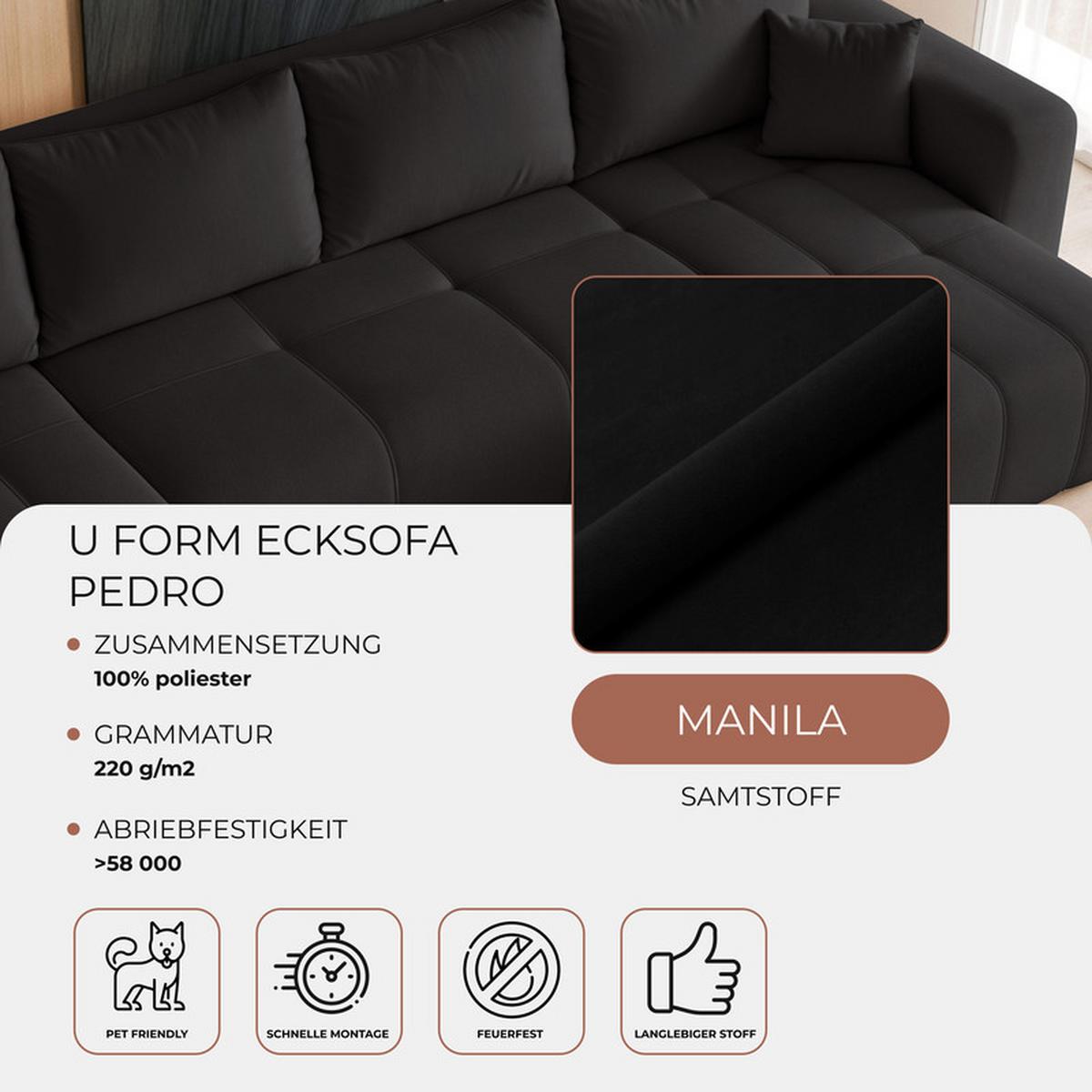 WOHNLANDSCHAFT PEDRO mit Schlaffunktion und Bettkasten Anthrazit - Schwarz, Holzwerkstoff/Textil (318/79/145cm) - Idohome