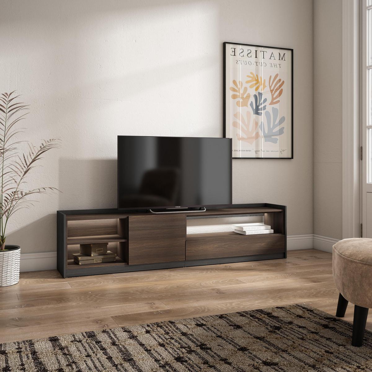 LOWBOARD, Dunkler Eiche und Schwarz, 207/37/50cm, mit Led - Dunkelbraun, Holzwerkstoff (207/50/37cm) - Skraut Home