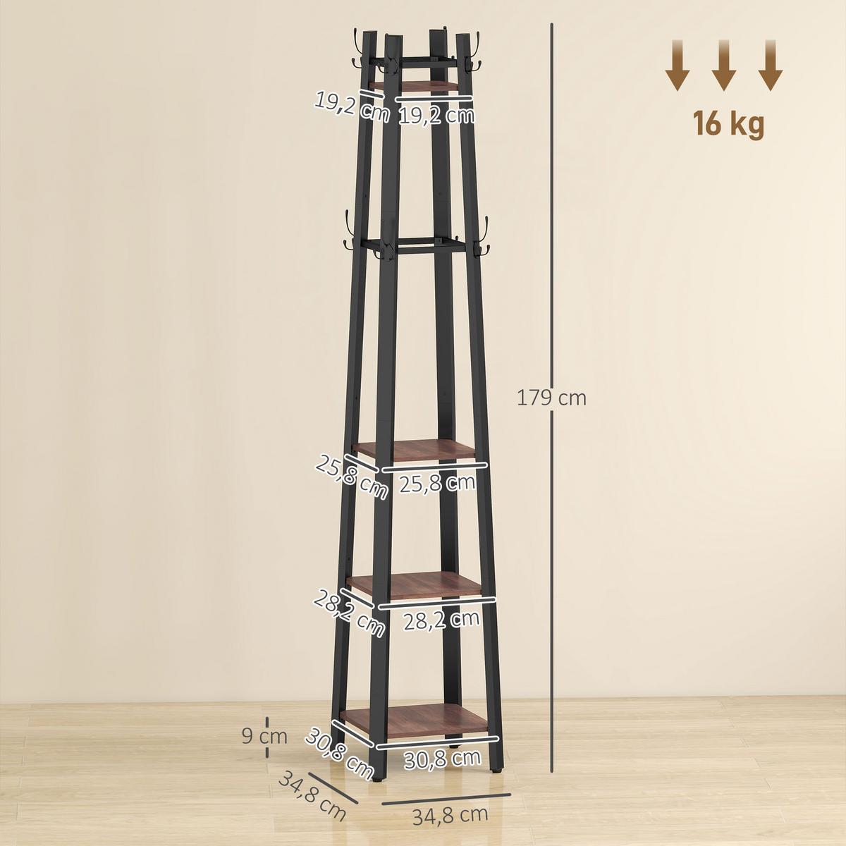 GARDEROBENSTÄNDER, Kleiderständer mit 4 Ablagen und 8 Haken im Industrie-Stil - Schwarz/Braun, Holzwerkstoff/Metall (34.8/179/34.8cm) - HOMCOM
