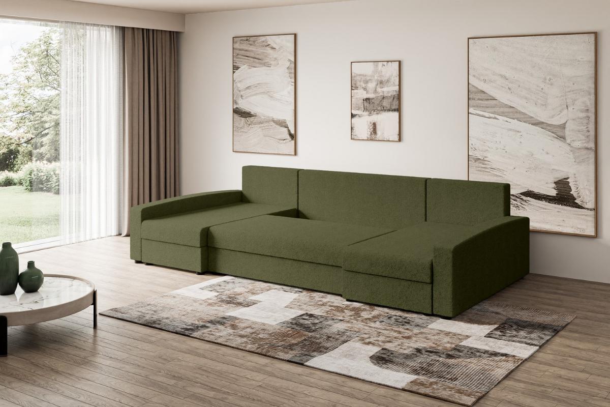 WOHNLANDSCHAFT mit Schlaffunktion und Bettkasten ALESIA-U 301x140x90 cm Grün Bouclé - Silberfarben/Grün, Holzwerkstoff/Kunststoff (301/90/140cm) - ALTDECOR