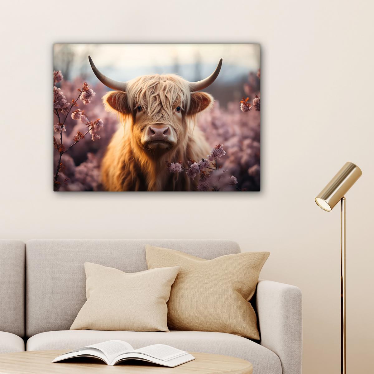 LEINWANDBILD Schottischer Hochländer - Frühling - Hochland Wandbilder 80x60 cm - Hellrosa, Textil (80/60cm) - MuchoWow