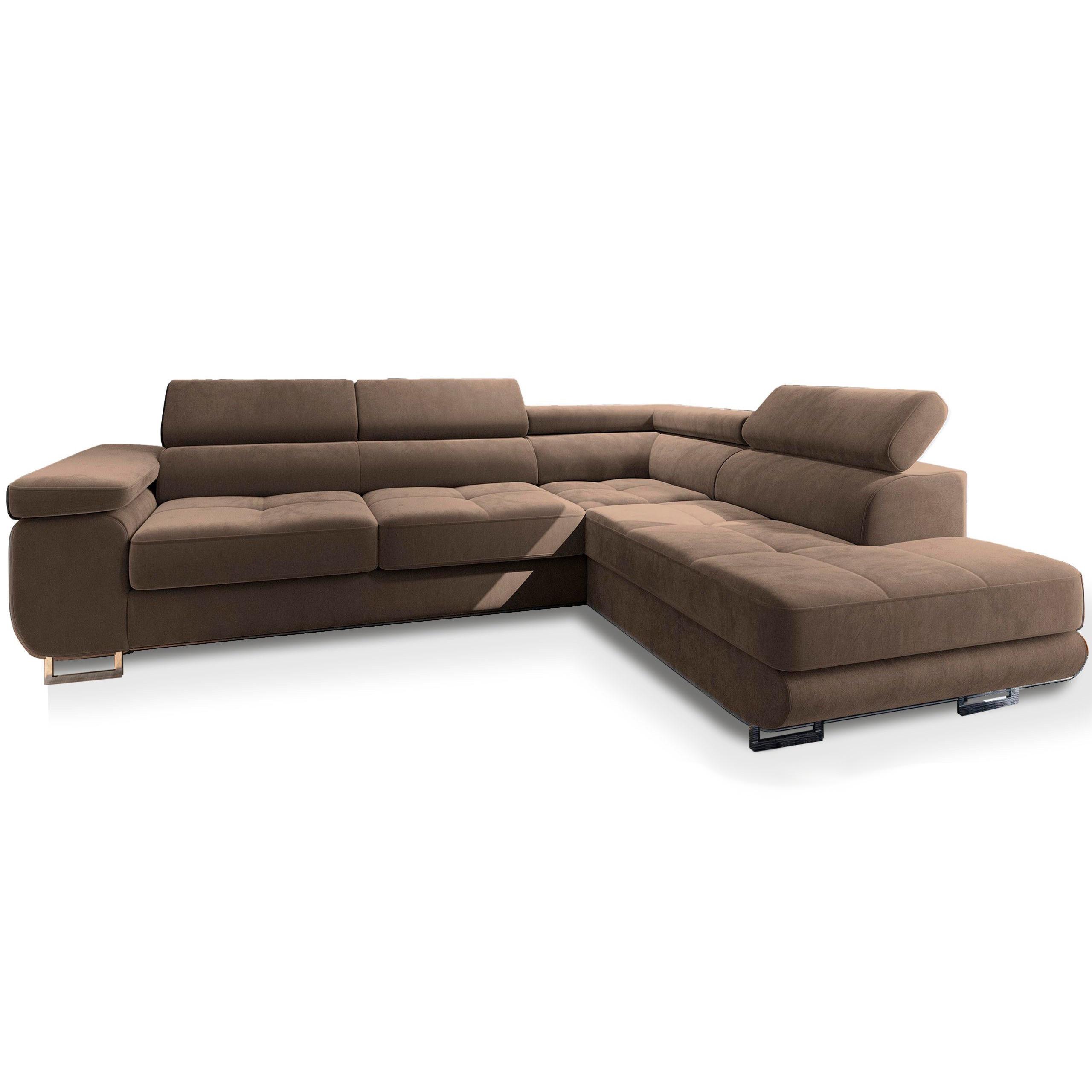 ECKSOFA SELVA R-S Beige Velours-Stoff mit Schlaffunktion - Beige/Silberfarben, Holz/Holzwerkstoff (275/202cm) - MASSENO