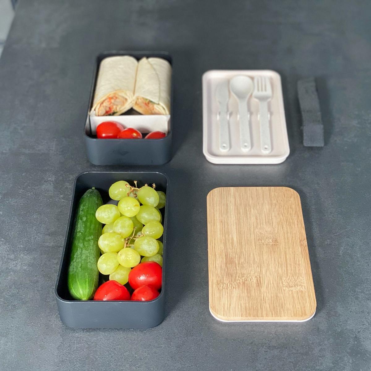 LUNCH BROTBOX mit Messer Gabel Löffel - Schwarz, Naturmaterialen (10.5/9.3/18.5cm) - Intirilife