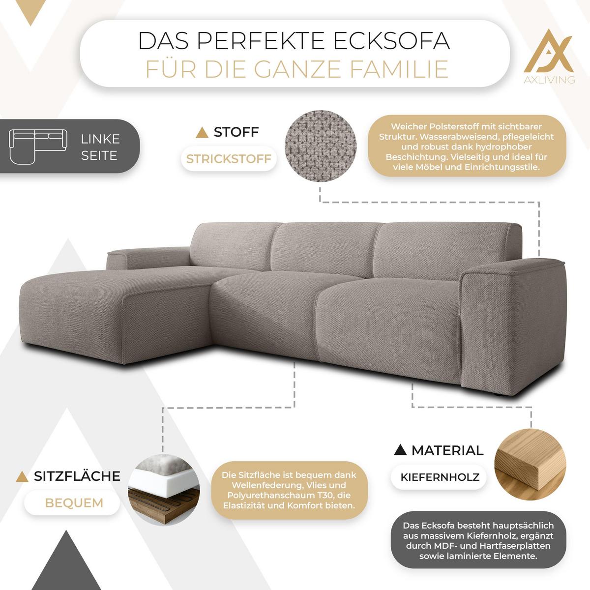 ECKSOFA L Form Didim mini Beige 310/165/78 cm – stilvolle kleine Eckcouch L - Beige/Schwarz, Kunststoff/Textil (165/310cm) - AX Living