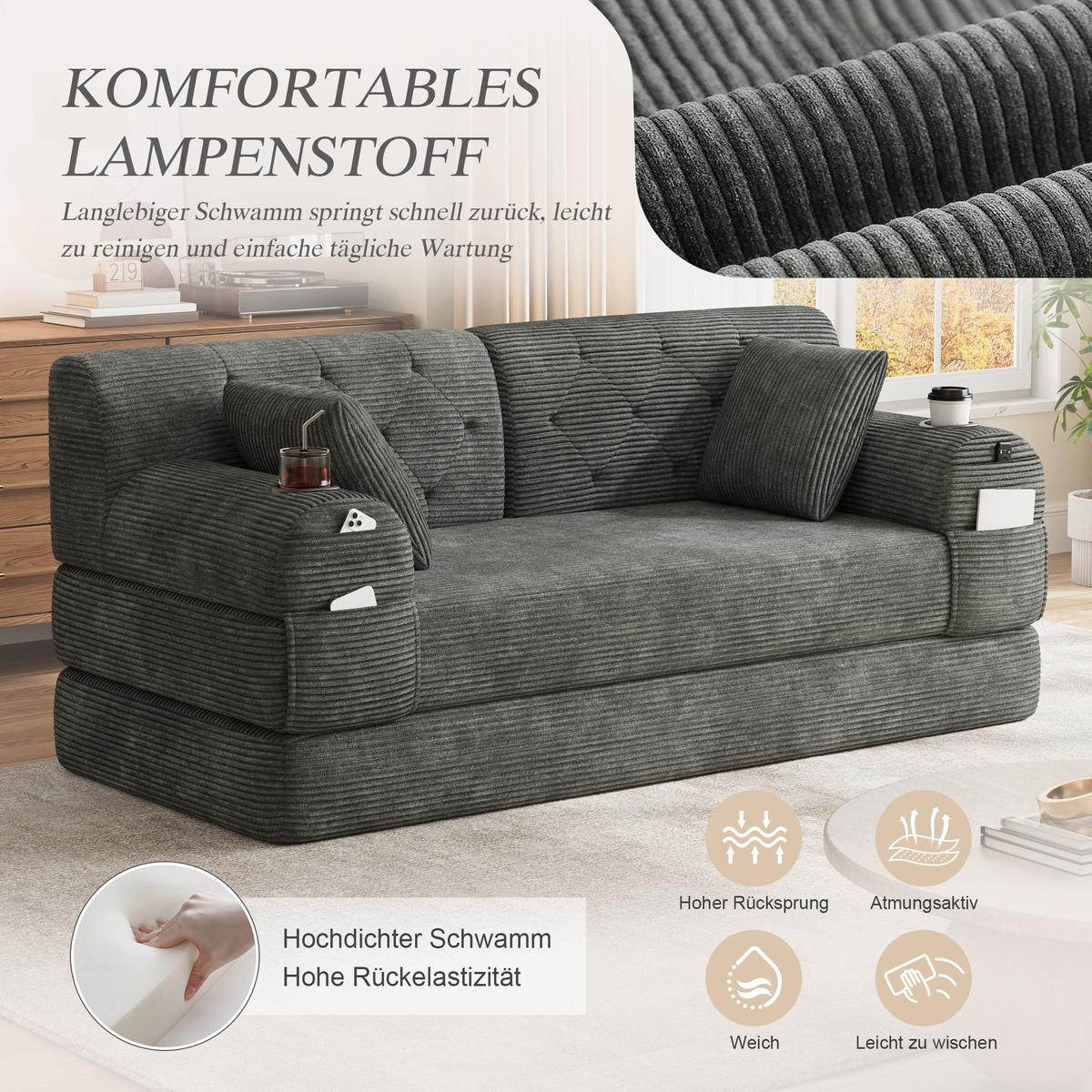 SCHLAFSOFA 2-Sitzer Cord mit Schlaffunktion, Getränkehalter & Taschen - Dunkelgrau, Textil (168/81/80cm) - Urban Meuble