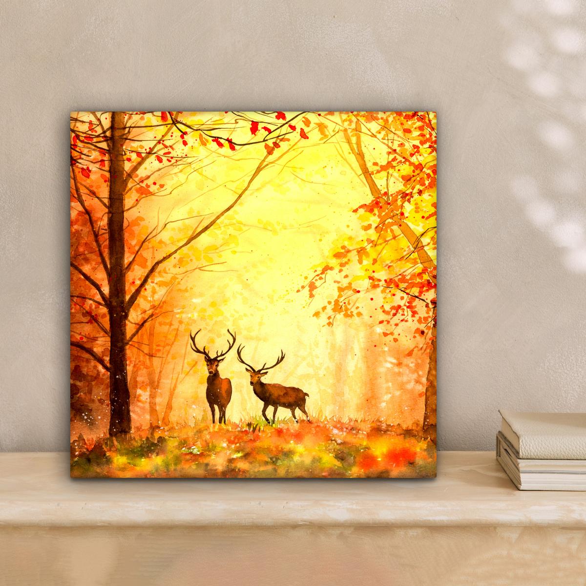 LEINWANDBILD Natur - Ölfarbe - Hirsche - Tiere - Herbst - Orange Deko Wohnzimmer 20x20 cm - Orange, Textil (20/20cm) - MuchoWow