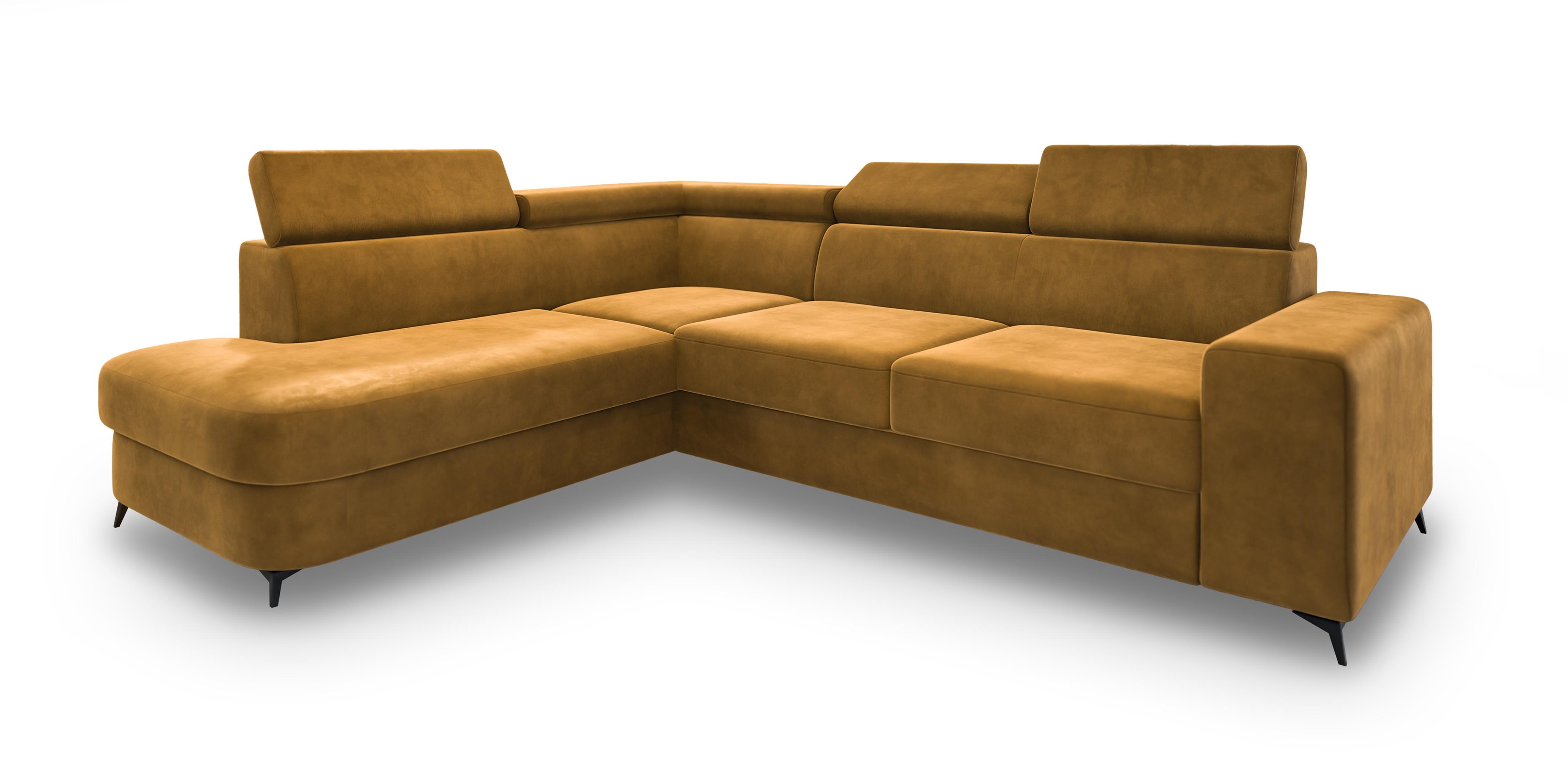 ECKSOFA ALVORO L-S Gelb Velours-Stoff mit Schlaffunktion - Gelb, Holz (253/190cm) - MASSENO