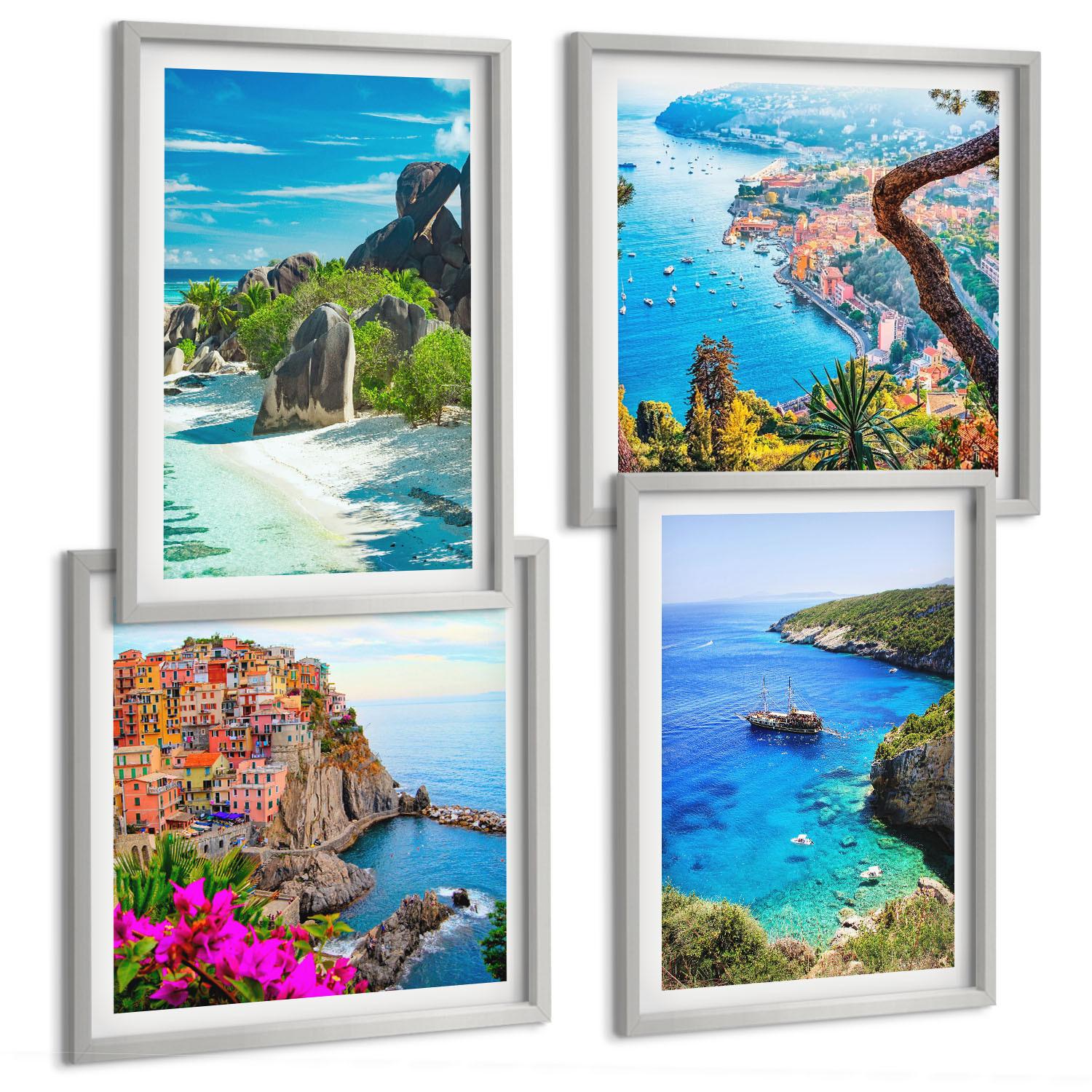 BILDER SET 4er Set - 50x50 cm & 40x60 cm Silberner Rahmen - Palmen am Meer, blaues Wasser - Silberfarben, Kunststoff (50/50cm) - TULUP